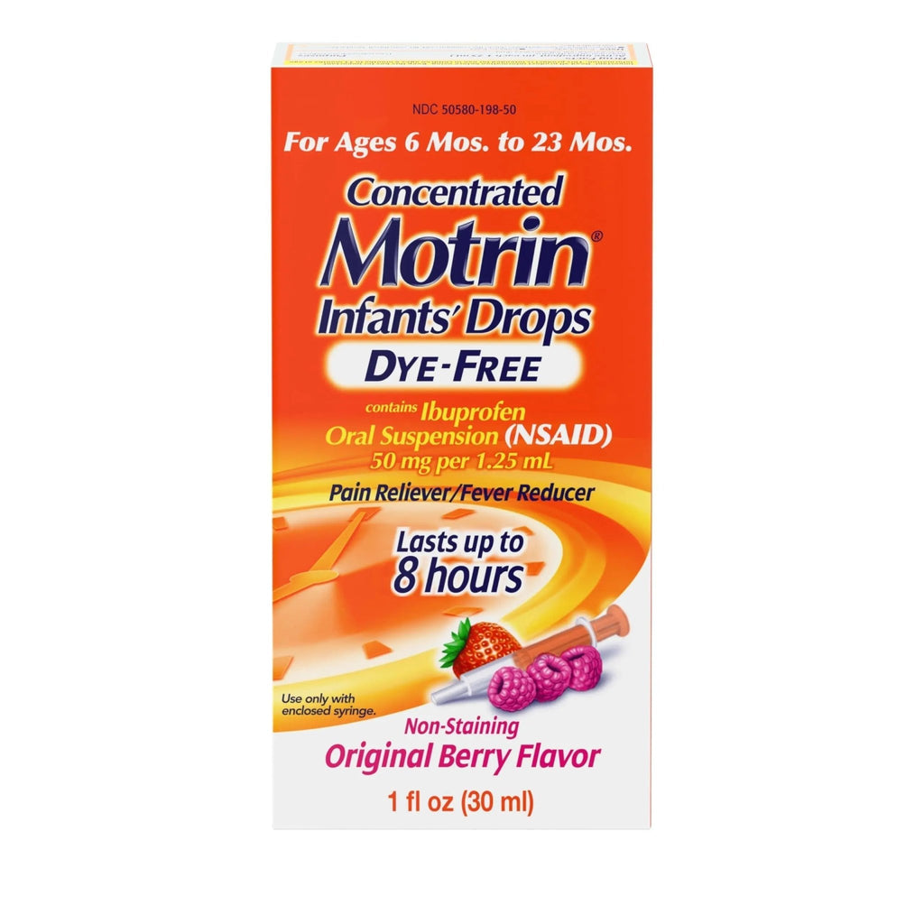 Motrin Infants Infant Ibuprofen Oral Suspension Concentrated Drops, NSAID Fever Reducer & Pain Reliever for Babies, Dye Free, Alcohol-Free, Berry Flavor, Includes Enclosed Syringe, 1 fl. oz - TrustMedUSA