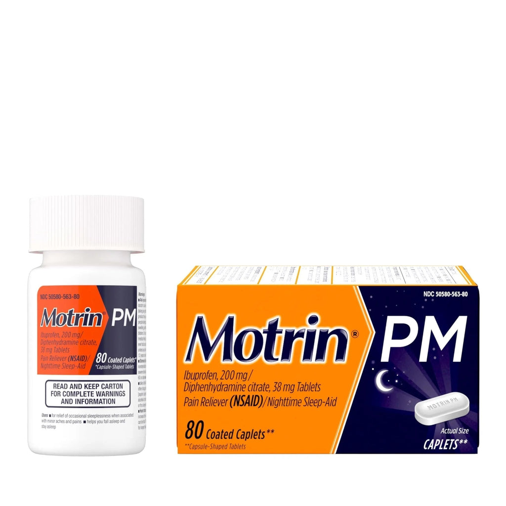 Motrin PM Caplets with 200 mg Ibuprofen & 38 mg Diphenhydramine Sleep Aid, Nighttime Pain Reliever for Minor Aches & Pains, Bulk, 80 ct - TrustMedUSA