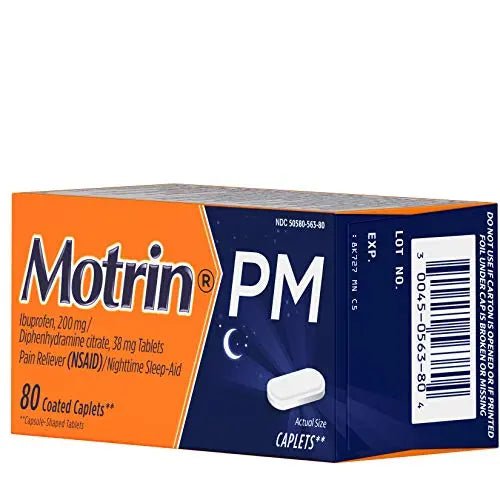 Motrin PM Caplets with 200 mg Ibuprofen & 38 mg Diphenhydramine Sleep Aid, Nighttime Pain Reliever for Minor Aches & Pains, Bulk, 80 ct - TrustMedUSA