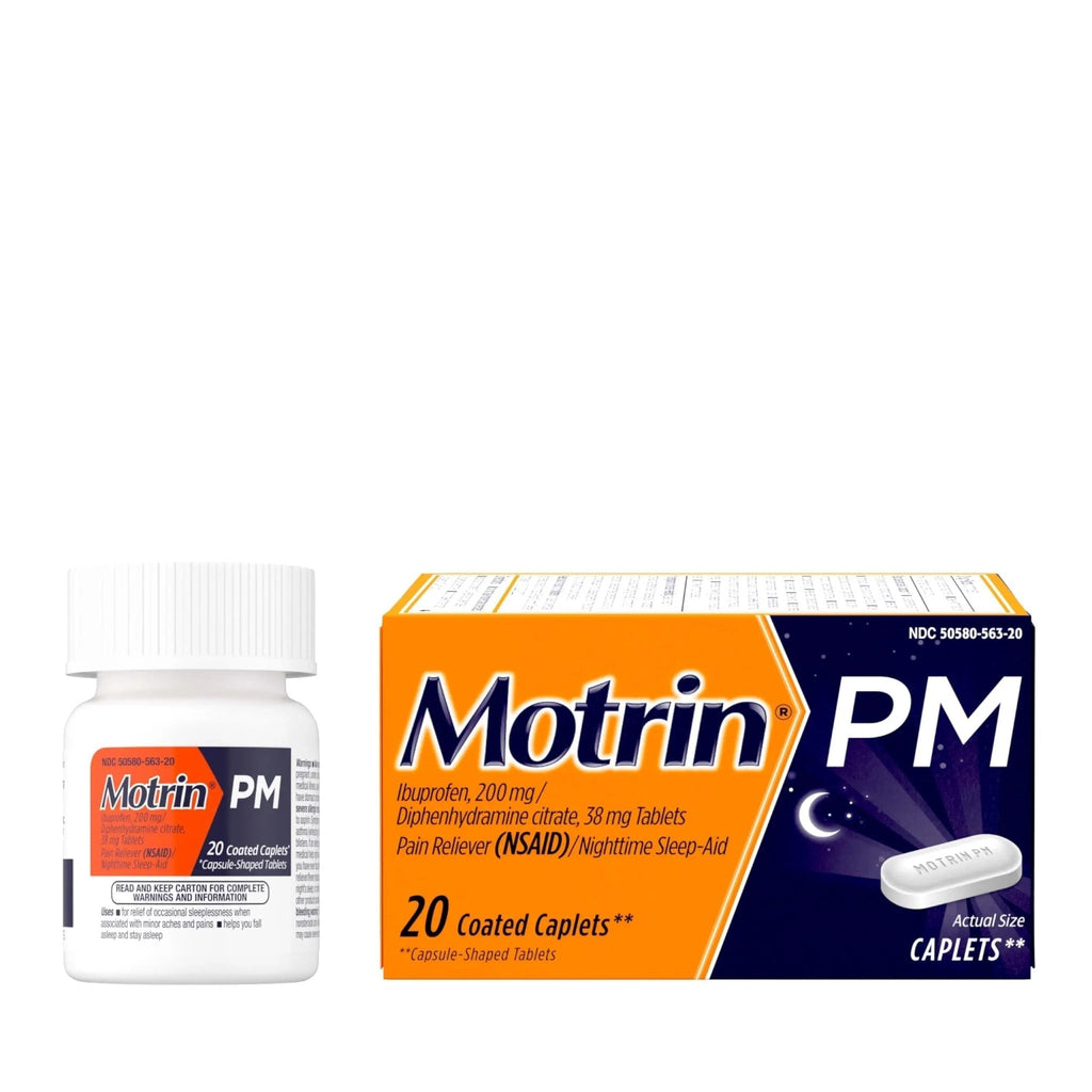 Motrin PM Pain Relief Caplets with 200 mg Ibuprofen & 38 mg Diphenhydramine Sleep Aid, Nighttime Pain Reliever for Minor Aches & Pains Helps You Fall Asleep & Stay Asleep, 20 ct - TrustMedUSA