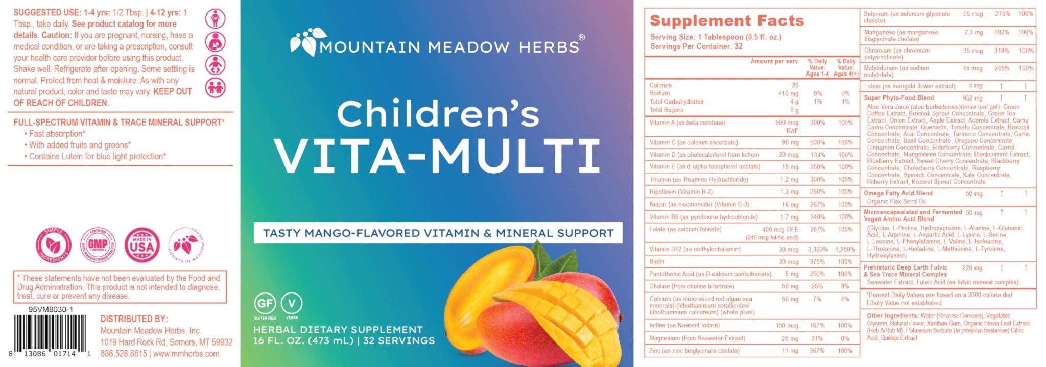 Mountain Meadow Herbs Children's Vita-Multi: Blended Vitamin & Mineral Supplement - Fast Absorbing Liquid Kids Vitamins with Fruits, Greens, and Eye-Protecting Lutein (16 oz.) - TrustMedUSA