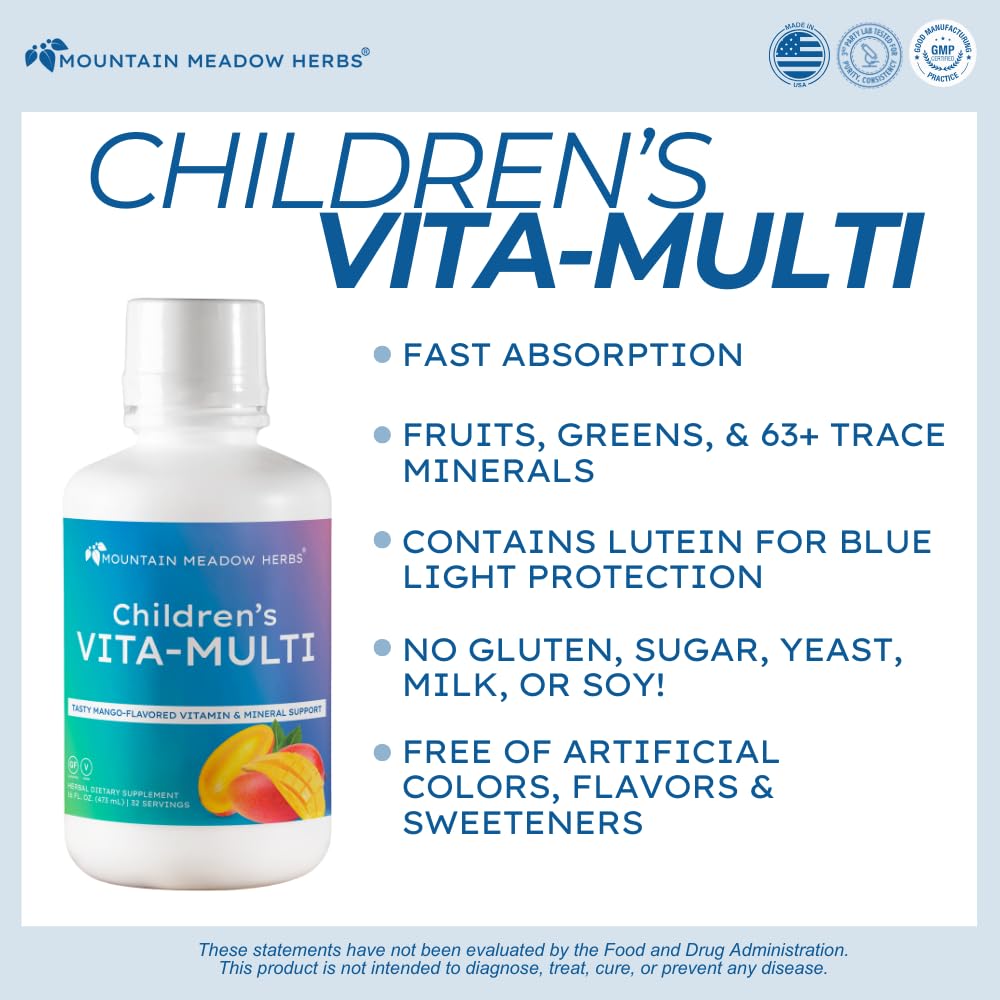 Mountain Meadow Herbs Children's Vita-Multi: Blended Vitamin & Mineral Supplement - Fast Absorbing Liquid Kids Vitamins with Fruits, Greens, and Eye-Protecting Lutein (16 oz.) - TrustMedUSA