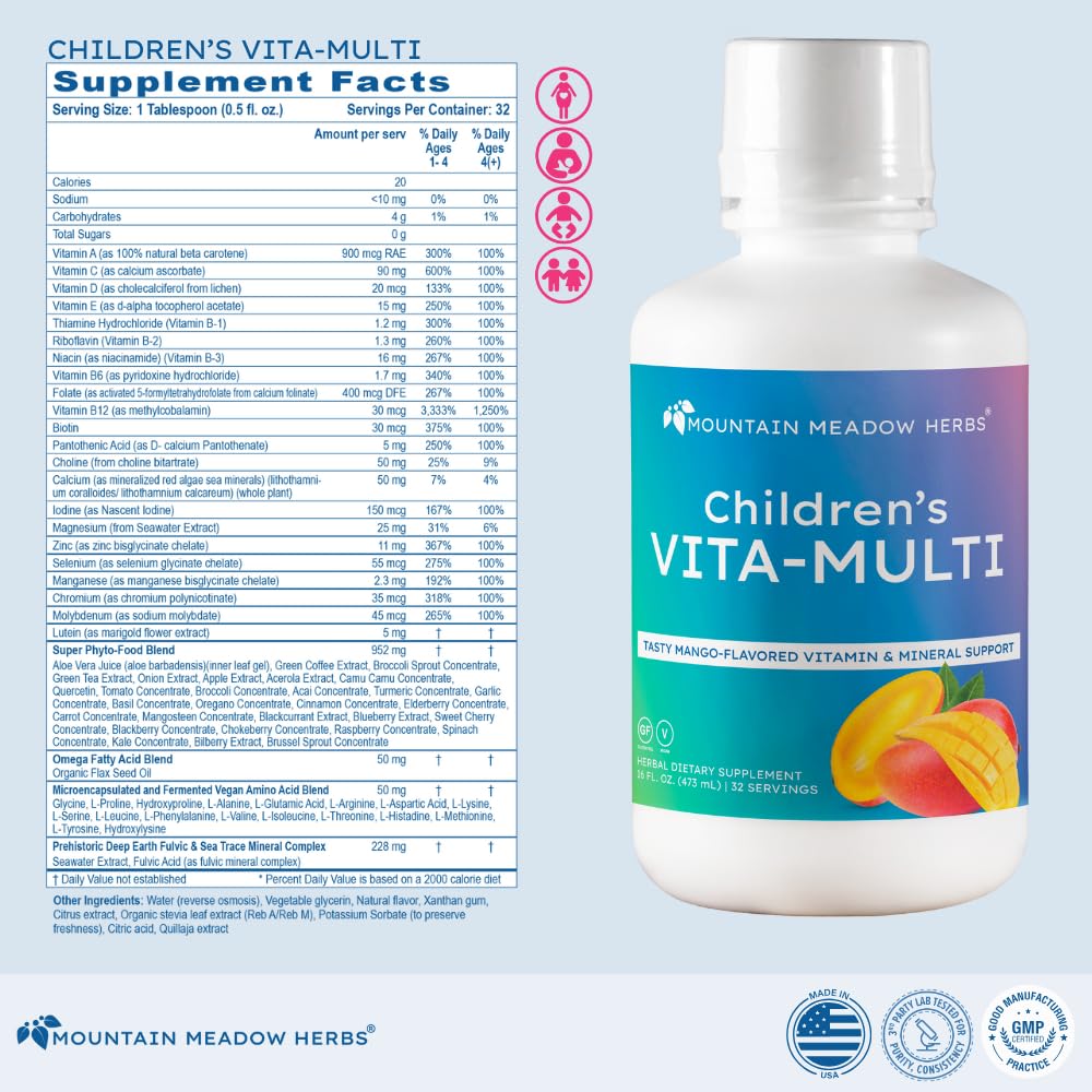 Mountain Meadow Herbs Children's Vita-Multi: Blended Vitamin & Mineral Supplement - Fast Absorbing Liquid Kids Vitamins with Fruits, Greens, and Eye-Protecting Lutein (16 oz.) - TrustMedUSA