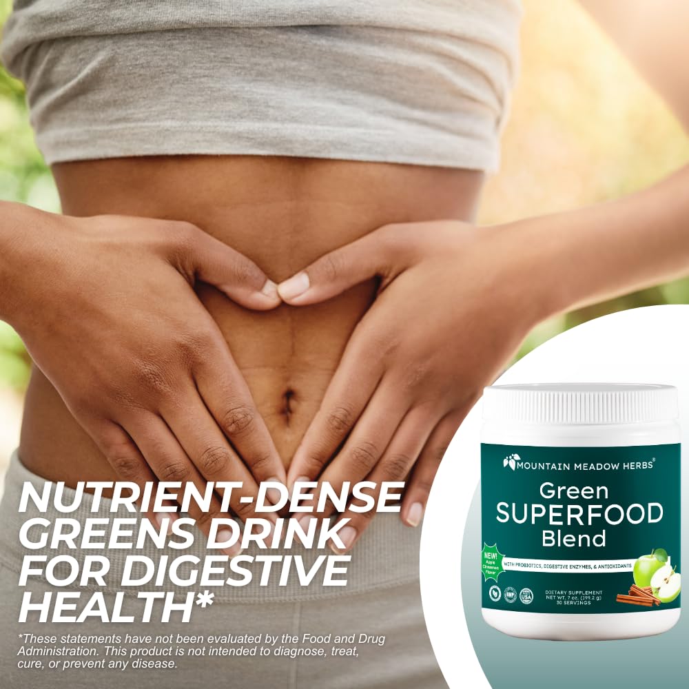 Mountain Meadow Herbs Green Superfood Blend – Spirulina, Chlorella, Mushrooms, Probiotics, Digestive Enzymes, Antioxidants – Organic Greens Powder for Energy & Gut Health – 30 Servings - TrustMedUSA