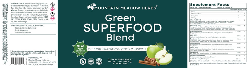 Mountain Meadow Herbs Green Superfood Blend – Spirulina, Chlorella, Mushrooms, Probiotics, Digestive Enzymes, Antioxidants – Organic Greens Powder for Energy & Gut Health – 30 Servings - TrustMedUSA
