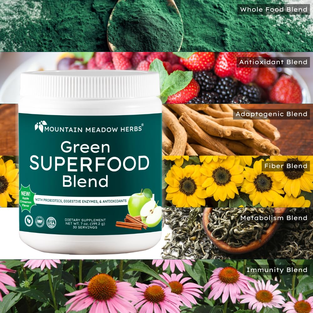 Mountain Meadow Herbs Green Superfood Blend – Spirulina, Chlorella, Mushrooms, Probiotics, Digestive Enzymes, Antioxidants – Organic Greens Powder for Energy & Gut Health – 30 Servings - TrustMedUSA