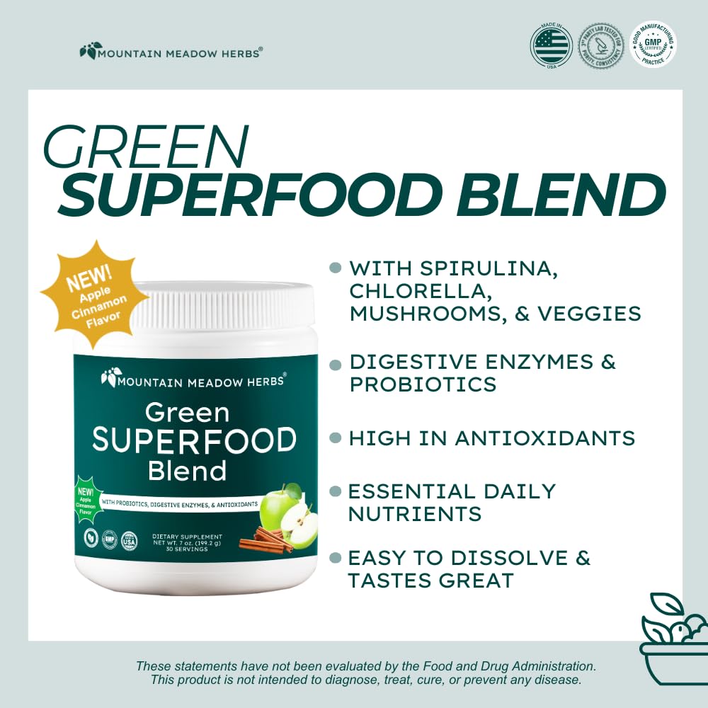 Mountain Meadow Herbs Green Superfood Blend – Spirulina, Chlorella, Mushrooms, Probiotics, Digestive Enzymes, Antioxidants – Organic Greens Powder for Energy & Gut Health – 30 Servings - TrustMedUSA