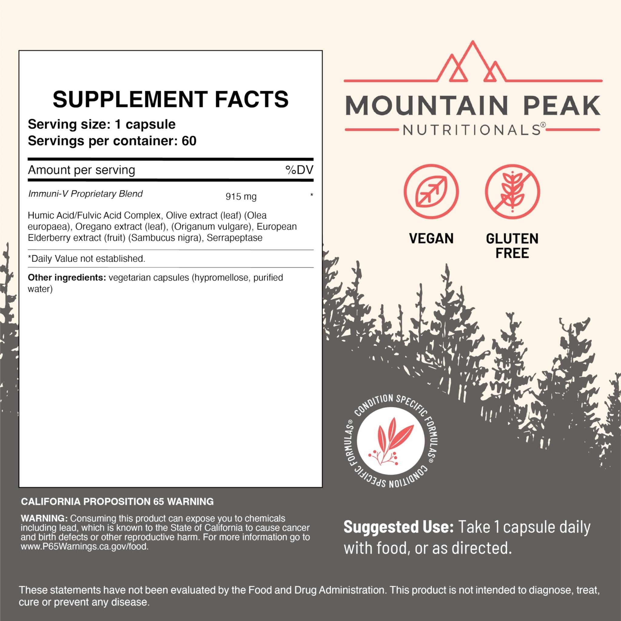 Mountain Peak Nutritionals Immuni-V - Immune System & Whole Body Support Supplement - Natural Antioxidant Booster with Humic Acid, Olive Extract, & Elderberry (60 Vegetarian Capsules) - TrustMedUSA