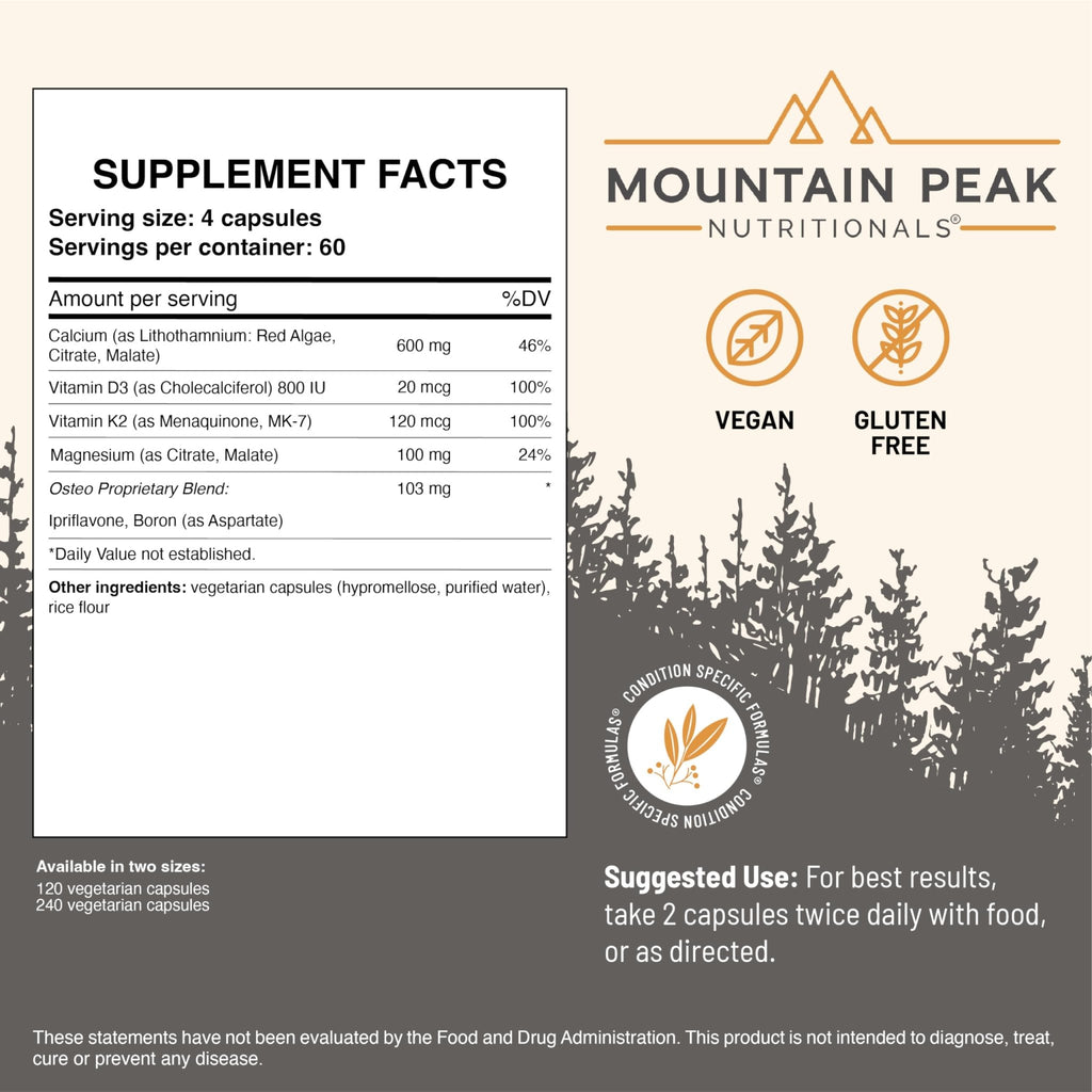 Mountain Peak Nutritionals Osteo Supplement - Organ & Strong Bone Support, Promotes Bone Health - With Vitamins D3, K2, Calcium, and Magnesium - Bone Building & Strengthening (240 Vegetarian Capsules) - TrustMedUSA