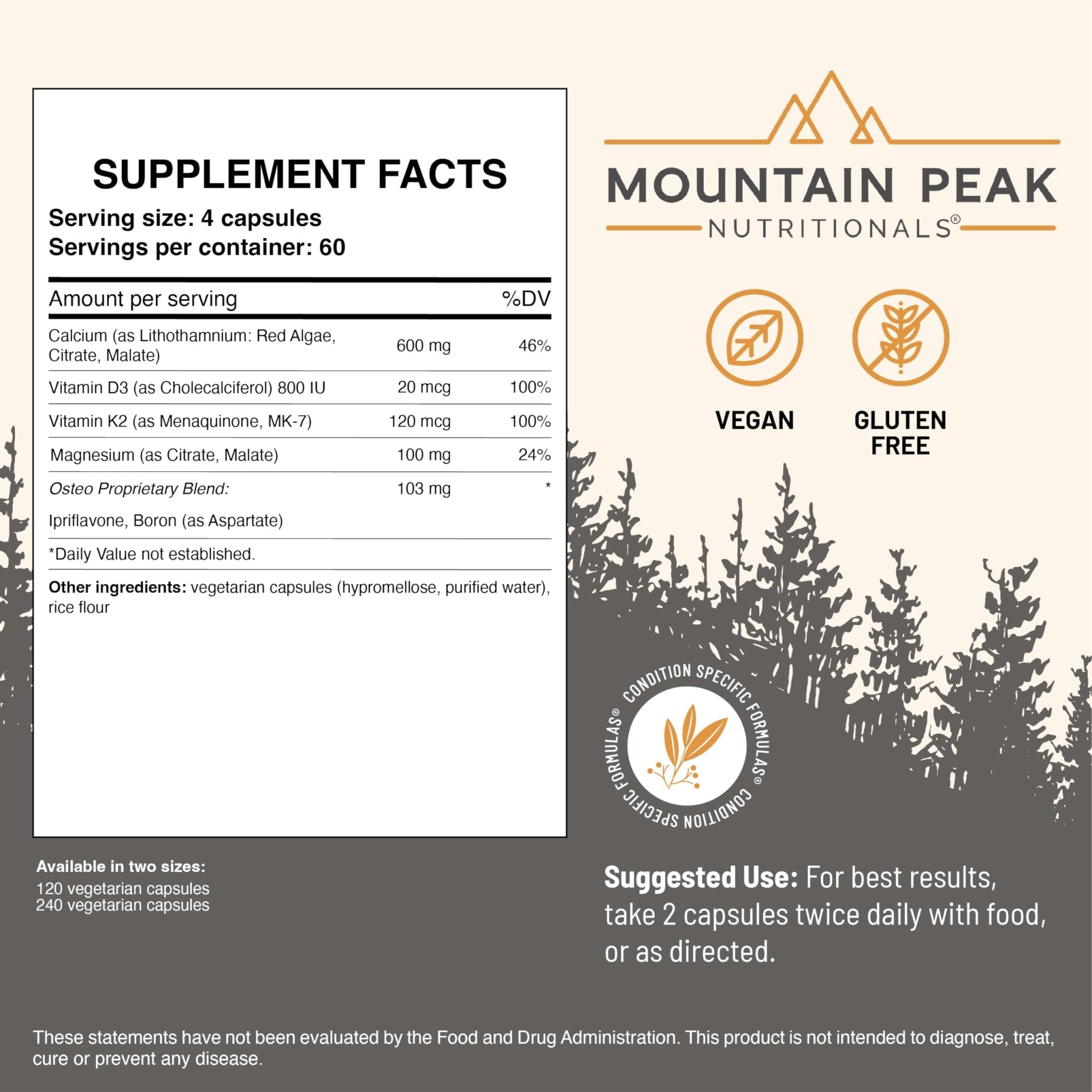 Mountain Peak Nutritionals Osteo Supplement - Organ & Strong Bone Support, Promotes Bone Health - With Vitamins D3, K2, Calcium, and Magnesium - Bone Building & Strengthening (240 Vegetarian Capsules) - TrustMedUSA