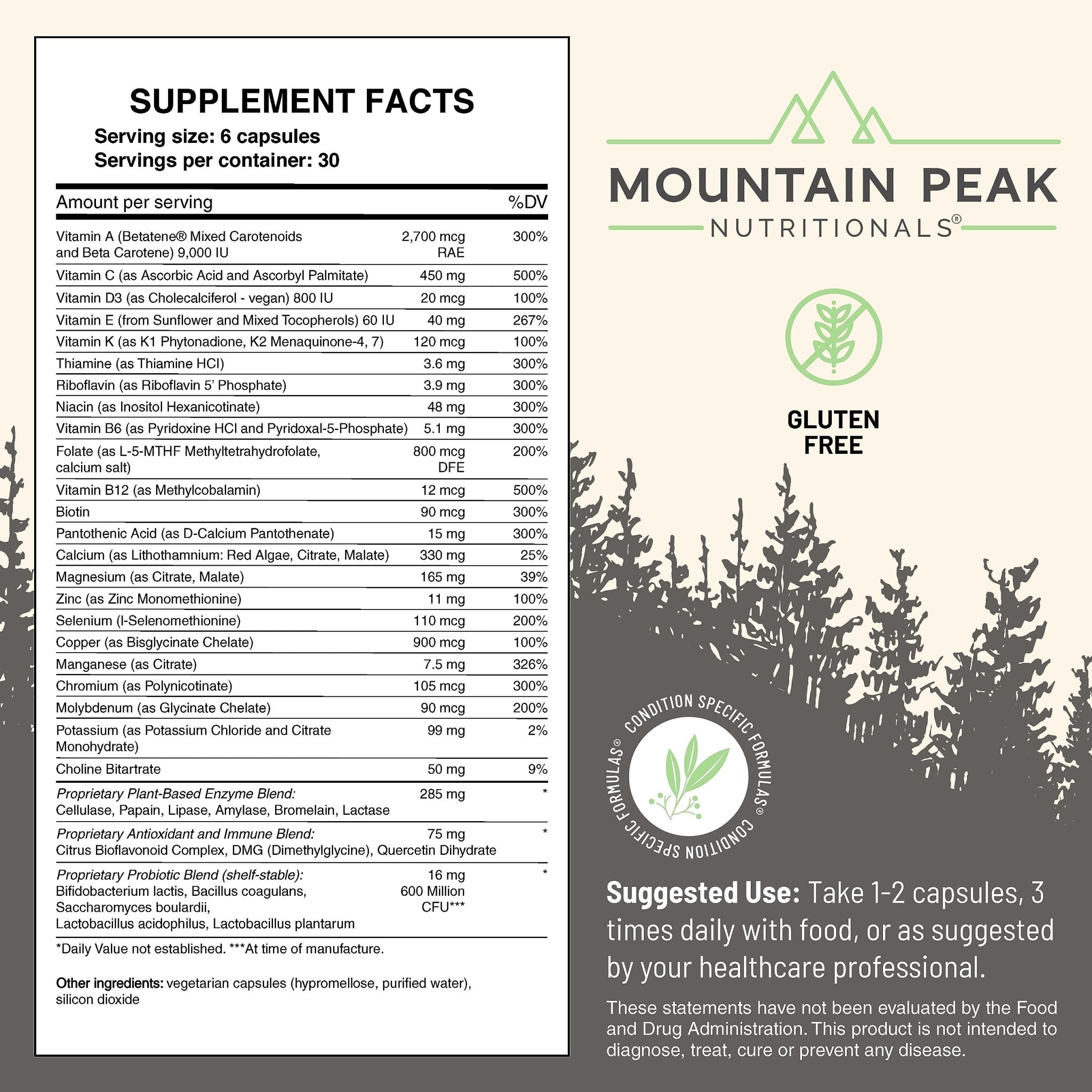 Mountain Peak Nutritionals Ultra High Multivitamin for Men & Women - with Vitamins A, B12, B6, C, D, E, Magnesium, Zinc, Folic Acid, Digestive Enzymes & Probiotics (180 Vegetarian Capsules) - TrustMedUSA