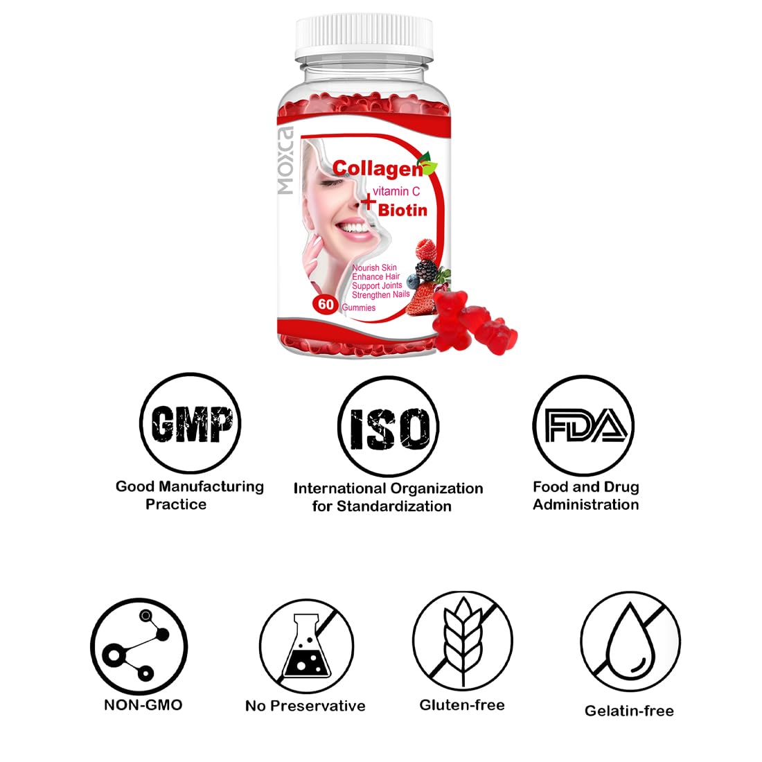 Moxca Hydrolyzed Marine Collagen Gummies for Women | Vegan Collagen Support with Biotin, Vitamins C & E | Daily Beauty Supplement for Hair, Skin & Nails | Natural Fruit Flavor, Clean Formula - Maple Wellness Supplements