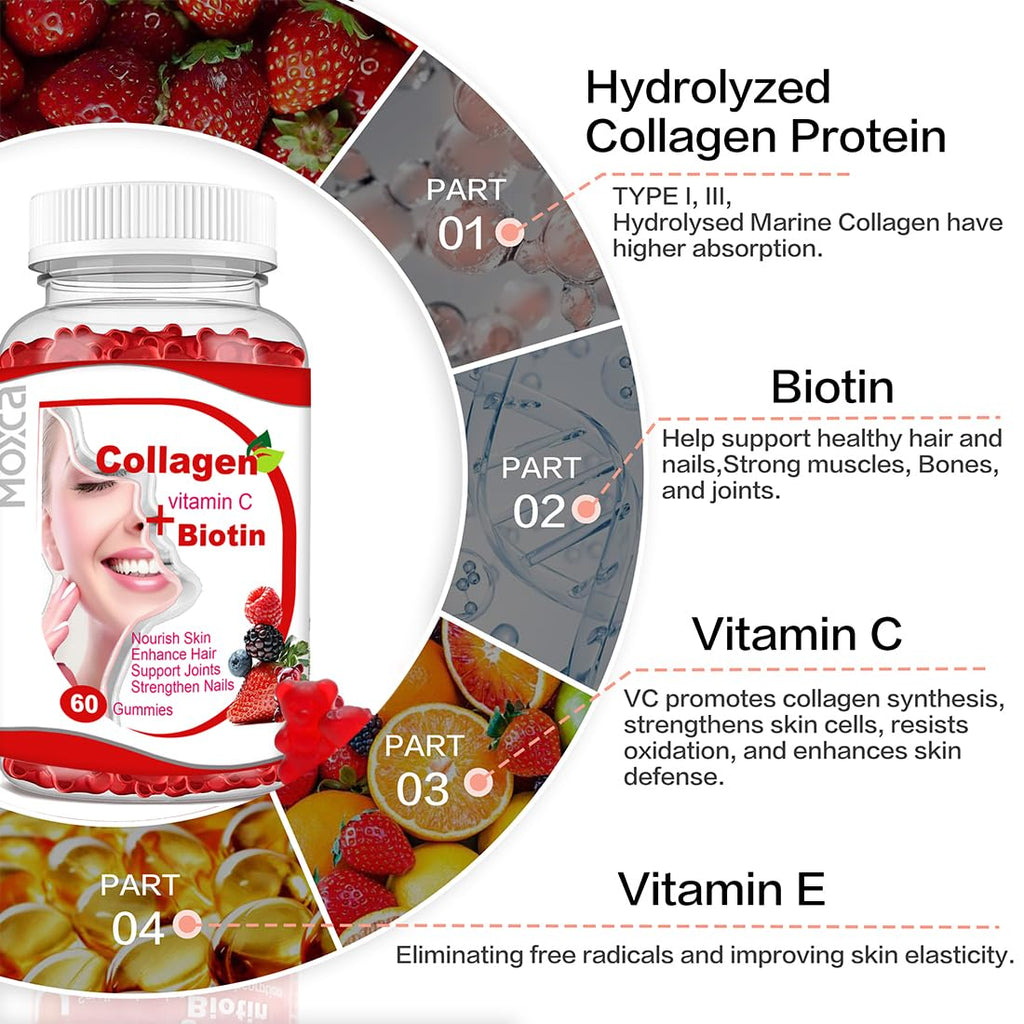 Moxca Hydrolyzed Marine Collagen Gummies for Women | Vegan Collagen Support with Biotin, Vitamins C & E | Daily Beauty Supplement for Hair, Skin & Nails | Natural Fruit Flavor, Clean Formula - Maple Wellness Supplements