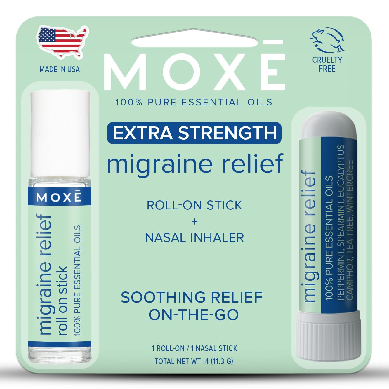 MOXE Migraine Rollon Stick & Nasal Inhaler, Fast Cooling Comfort for Headaches & Tension, Non-Medicated Soothing Vapors, Peppermint, Eucalyptus, and Other Essential Oils, Metal Roller, Made in USA - TrustMedUSA