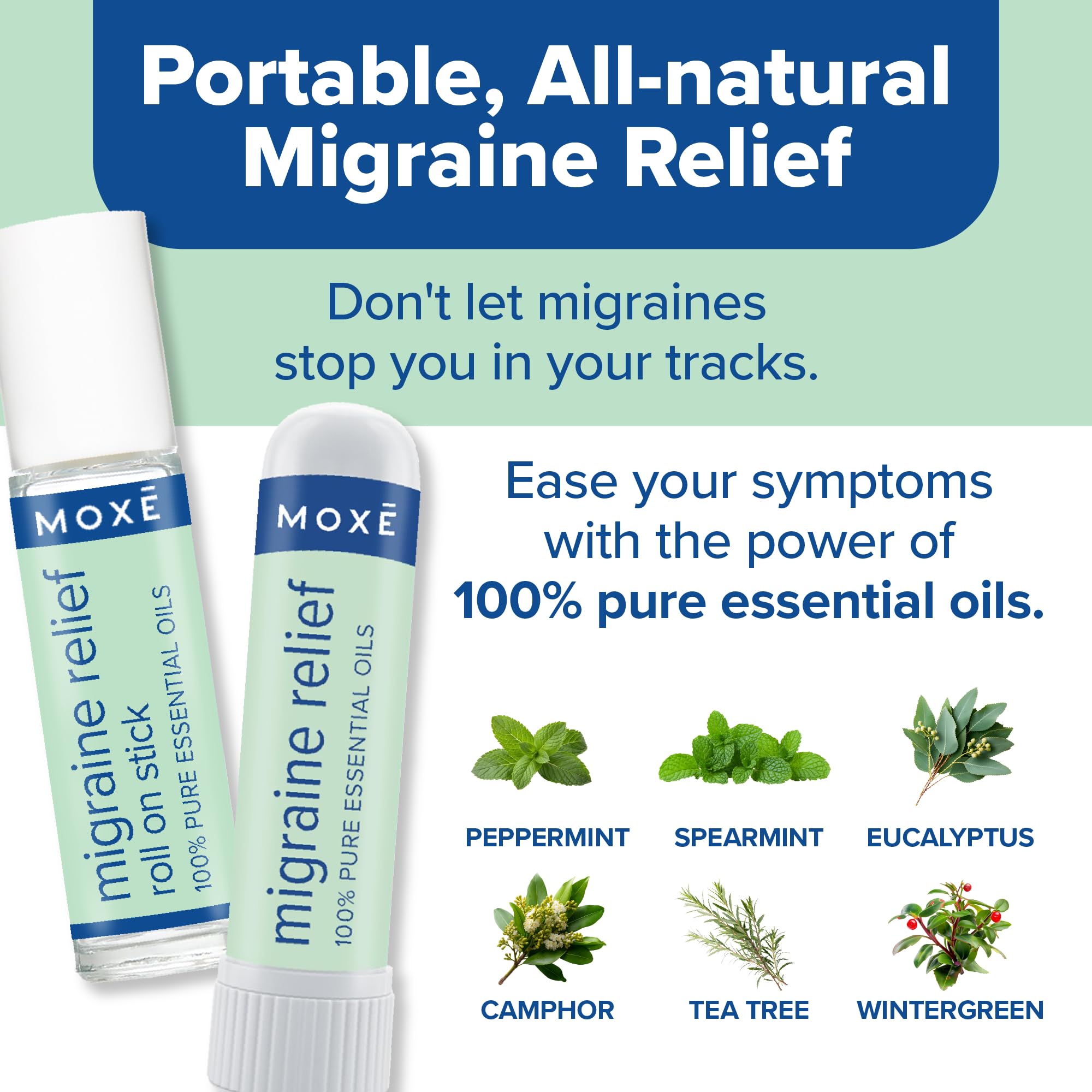 MOXE Migraine Rollon Stick & Nasal Inhaler, Fast Cooling Comfort for Headaches & Tension, Non-Medicated Soothing Vapors, Peppermint, Eucalyptus, and Other Essential Oils, Metal Roller, Made in USA - TrustMedUSA