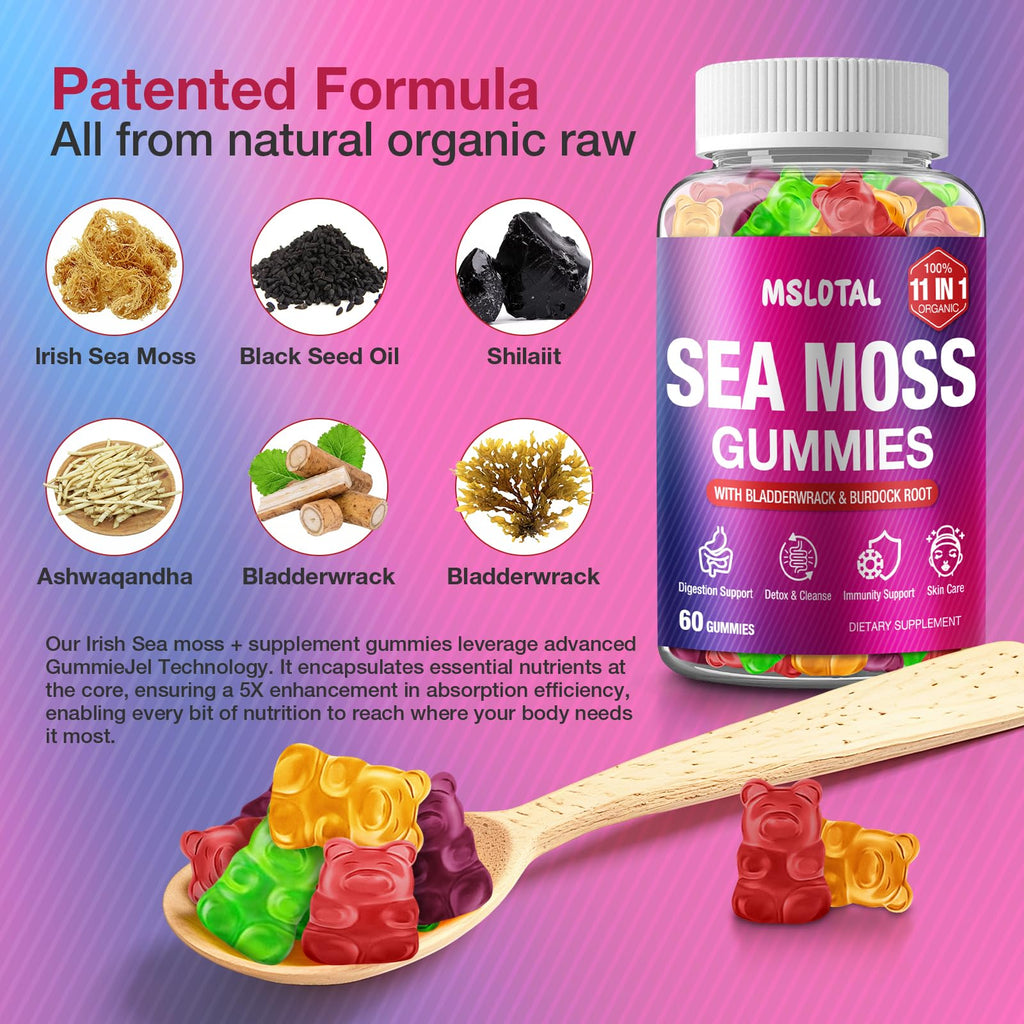 MSLOTAL Irish Sea Moss Gummies with Ashwagandha Bladderwrack and Burdock Root - Natural Irish Seamoss Supplement for Thyroid, Energy, Immune Support - 60 Vegan Gummy - TrustMedUSA
