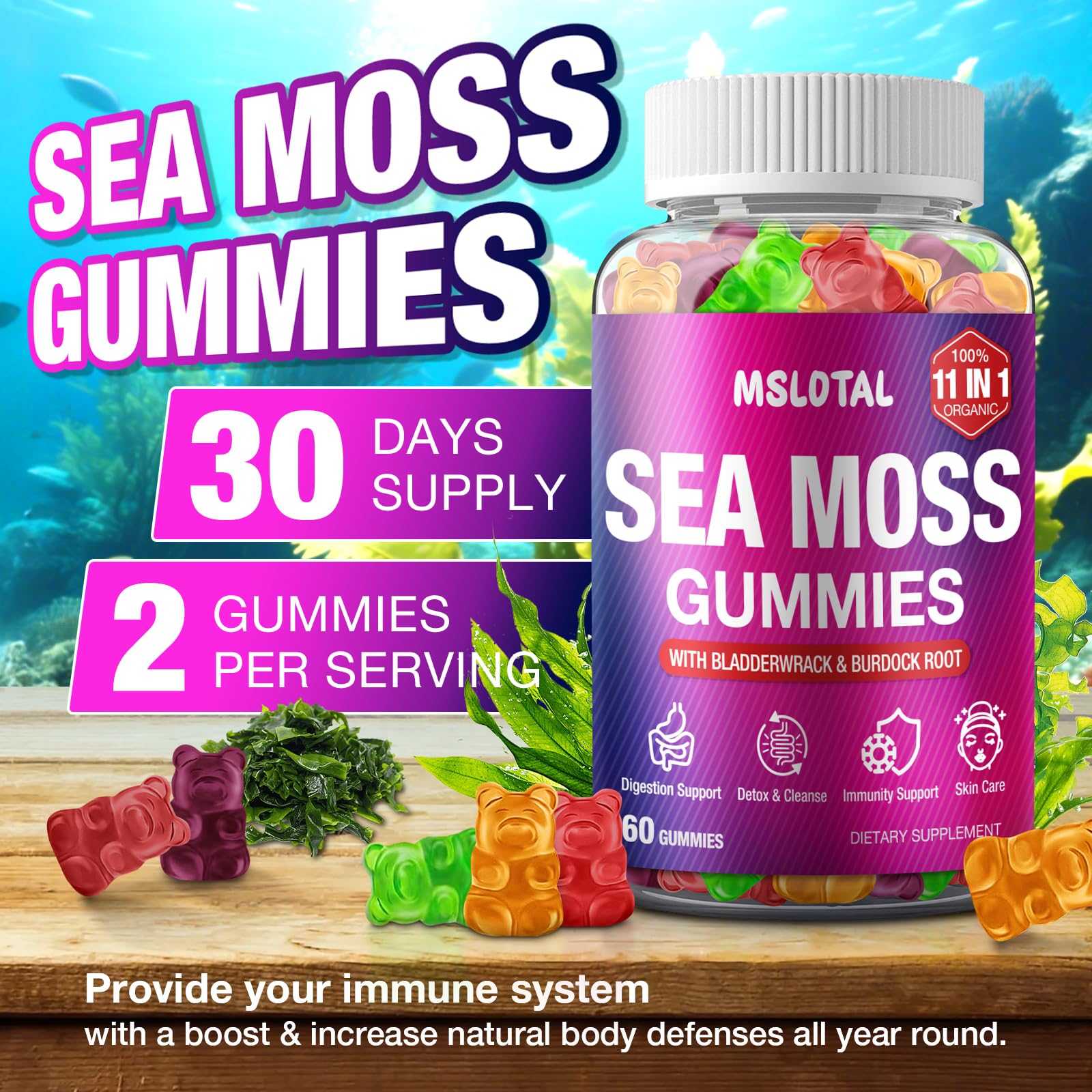 MSLOTAL Irish Sea Moss Gummies with Black Seed Oil, Ashwagandha Bladderwrack and Burdock Root, Organic Sea Moss Gummies for Women and Men with Shilajit, Immune Support, Vegan, 120 Gummies Totalss - TrustMedUSA