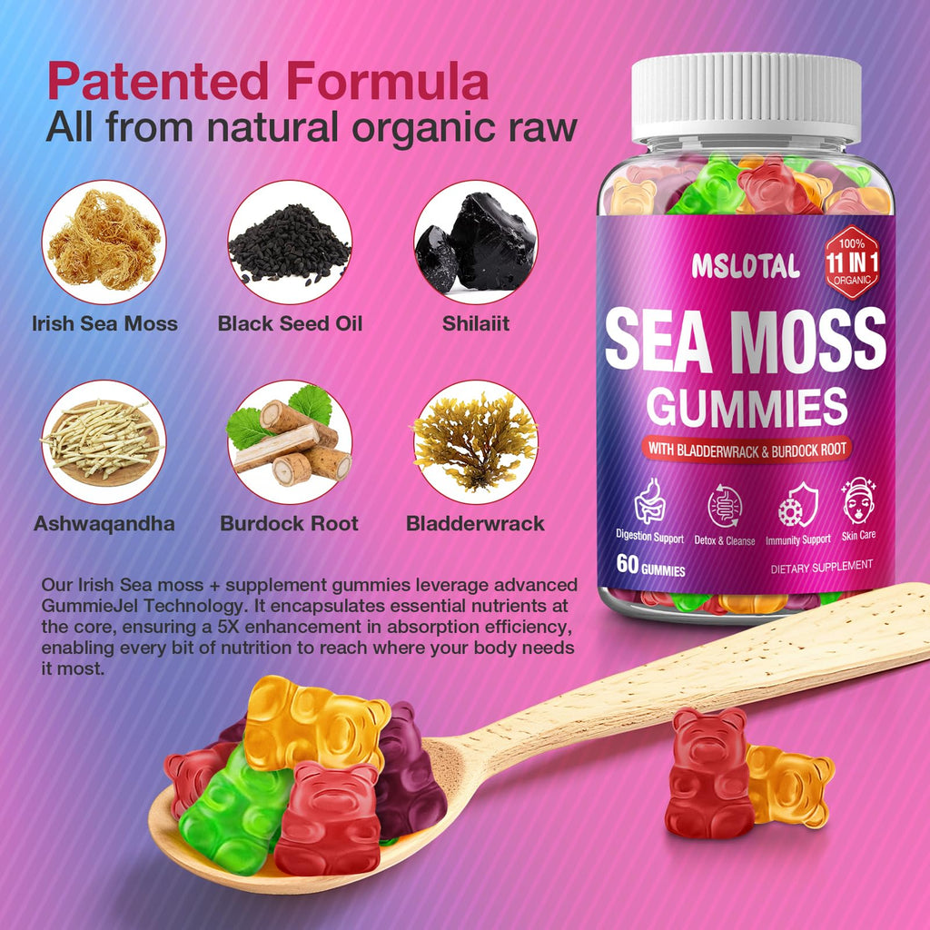 MSLOTAL Irish Sea Moss Gummies with Black Seed Oil, Ashwagandha Bladderwrack and Burdock Root, Organic Sea Moss Gummies for Women and Men with Shilajit, Immune Support, Vegan, 120 Gummies Totalss - TrustMedUSA