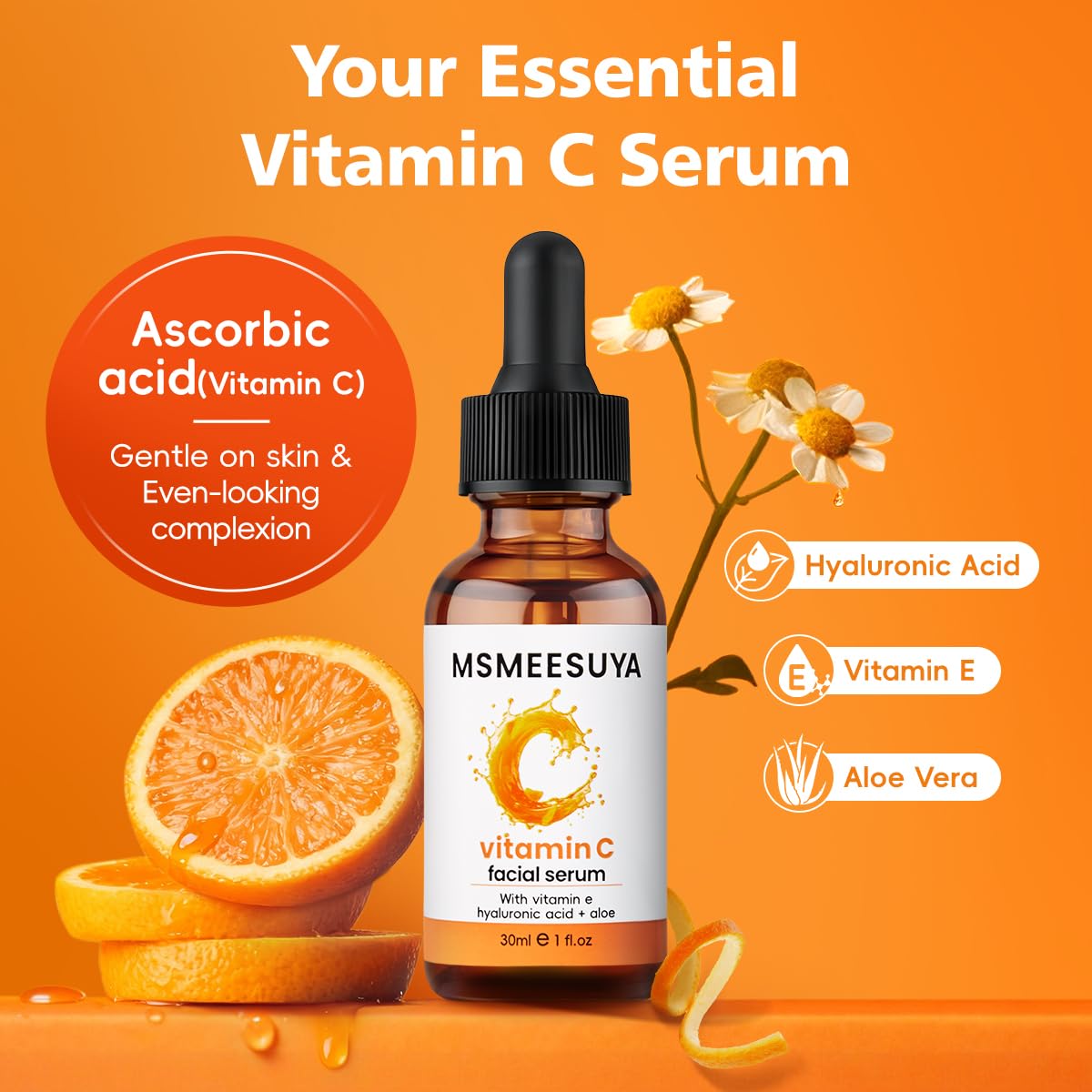 MSMEESUYA Vitamin C Serum for Face 2-Pack, Brightening Facial Serum with Hyaluronic Acid & Vitamin E, Helps Improve Dark Spots, Uneven Tone, Fine Lines & Wrinkles, 1 Fl Oz Each - Maple Wellness Supplements