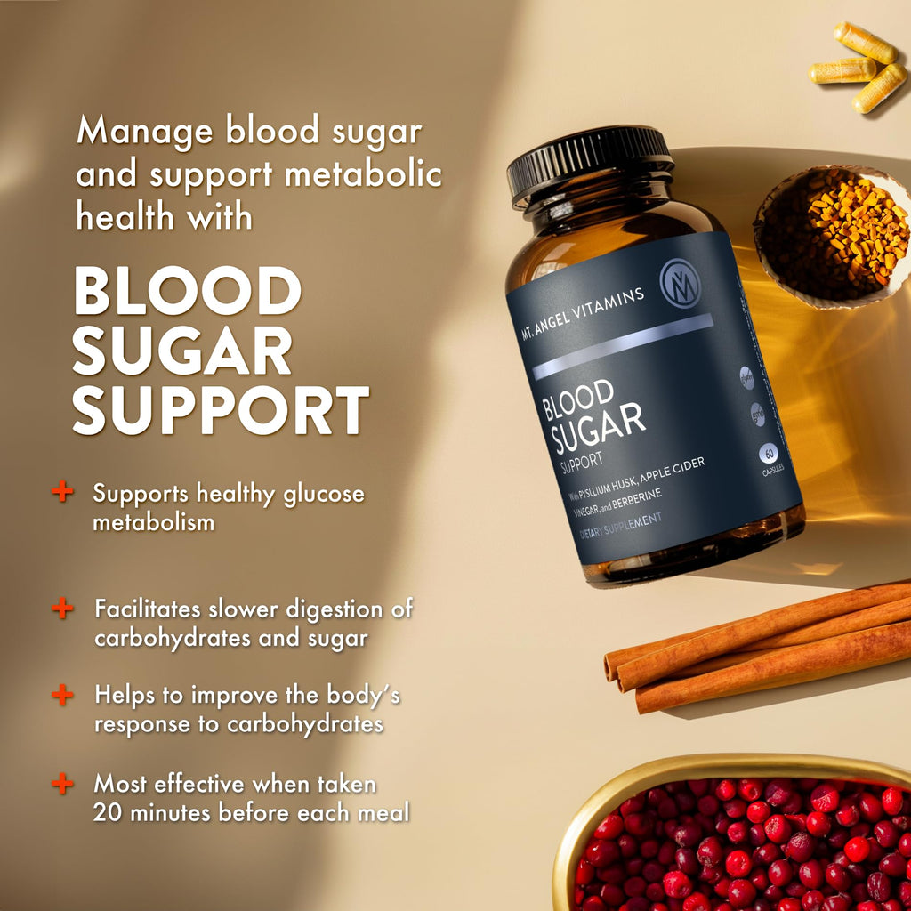 Mt. Angel Vitamins Blood Sugar Support Supplement - Natural Supplement with Pysllium Husk, Berberine with Ceylon Cinnamon, and Apple Cider Vinegar - Supports Healthy Blood Sugar Levels - 60 Capsules - TrustMedUSA