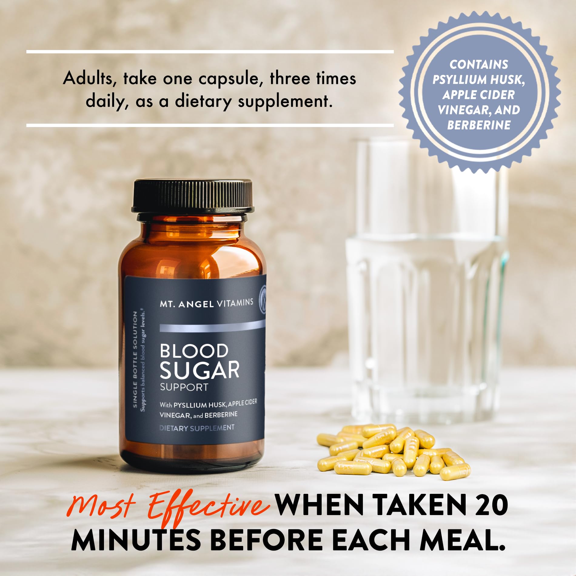 Mt. Angel Vitamins Blood Sugar Support Supplement - Natural Supplement with Pysllium Husk, Berberine with Ceylon Cinnamon, and Apple Cider Vinegar - Supports Healthy Blood Sugar Levels - 60 Capsules - TrustMedUSA