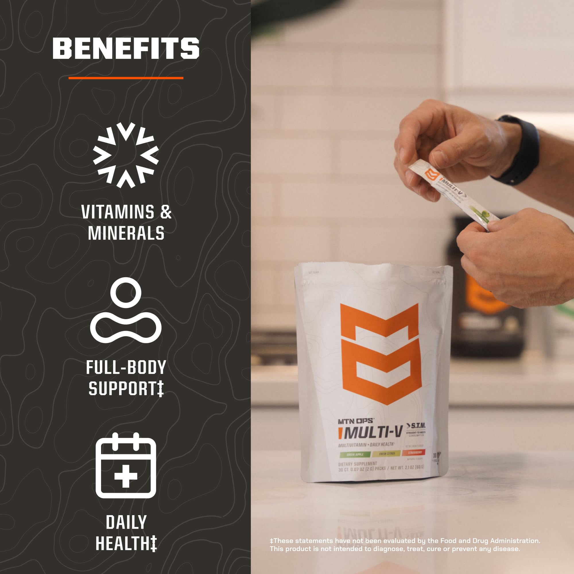 MTN OPS Multi‑V STM On‑the‑Go Daily Multivitamin for Men, Women & Kids – Straight‑to‑Mouth Vitamin C D3 B Zinc Packs – Gluten Free, Natural Flavors, 30 Servings - TrustMedUSA