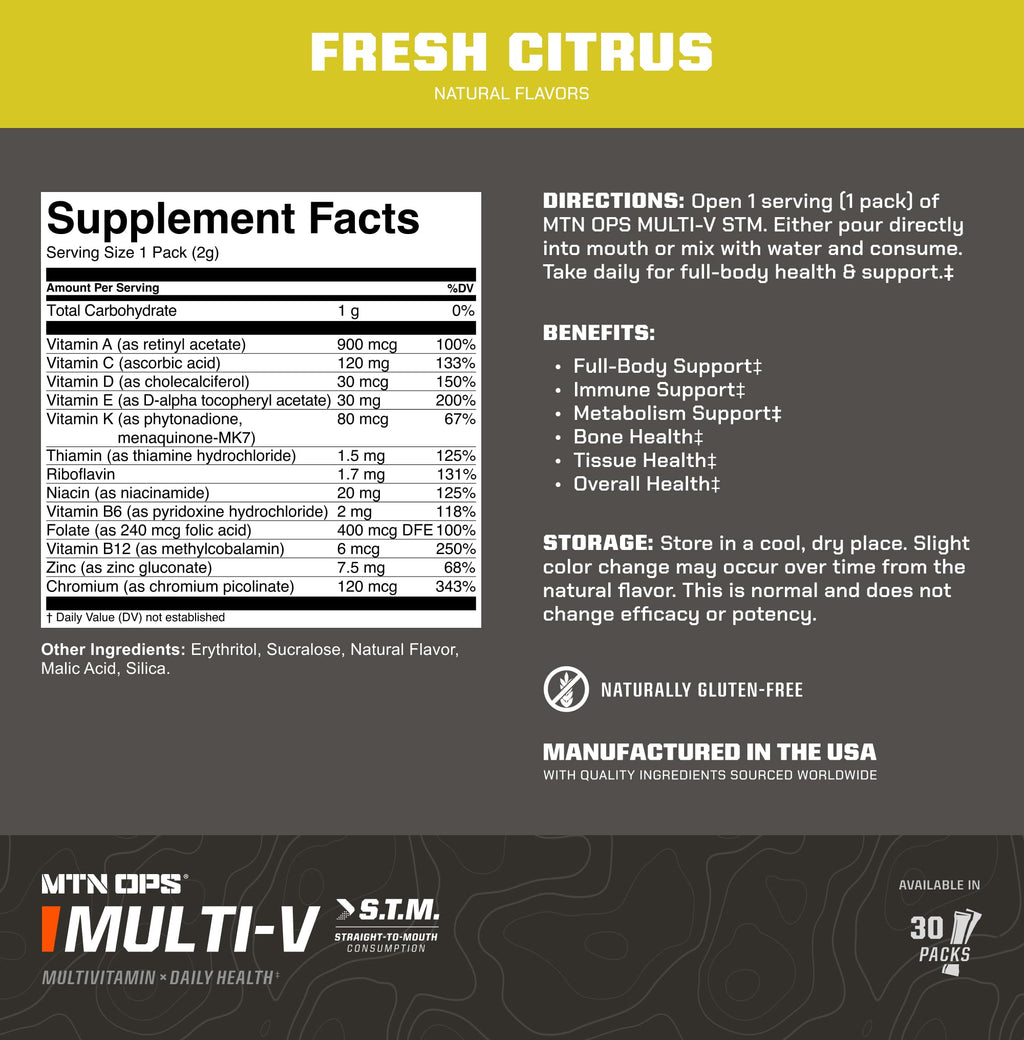 MTN OPS Multi‑V STM On‑the‑Go Daily Multivitamin for Men, Women & Kids – Straight‑to‑Mouth Vitamin C D3 B Zinc Packs – Gluten Free, Natural Flavors, 30 Servings - TrustMedUSA
