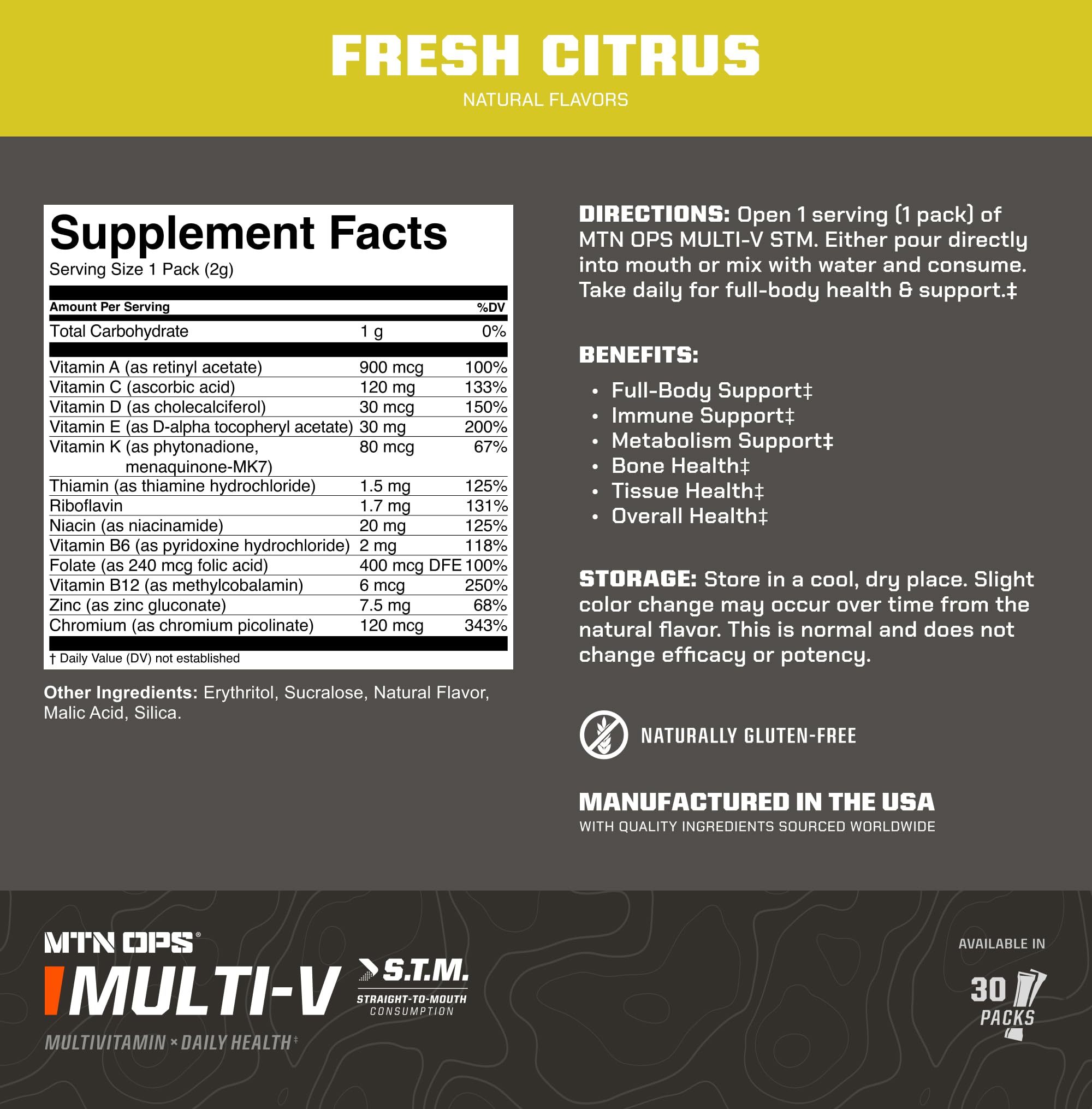 MTN OPS Multi‑V STM On‑the‑Go Daily Multivitamin for Men, Women & Kids – Straight‑to‑Mouth Vitamin C D3 B Zinc Packs – Gluten Free, Natural Flavors, 30 Servings - TrustMedUSA