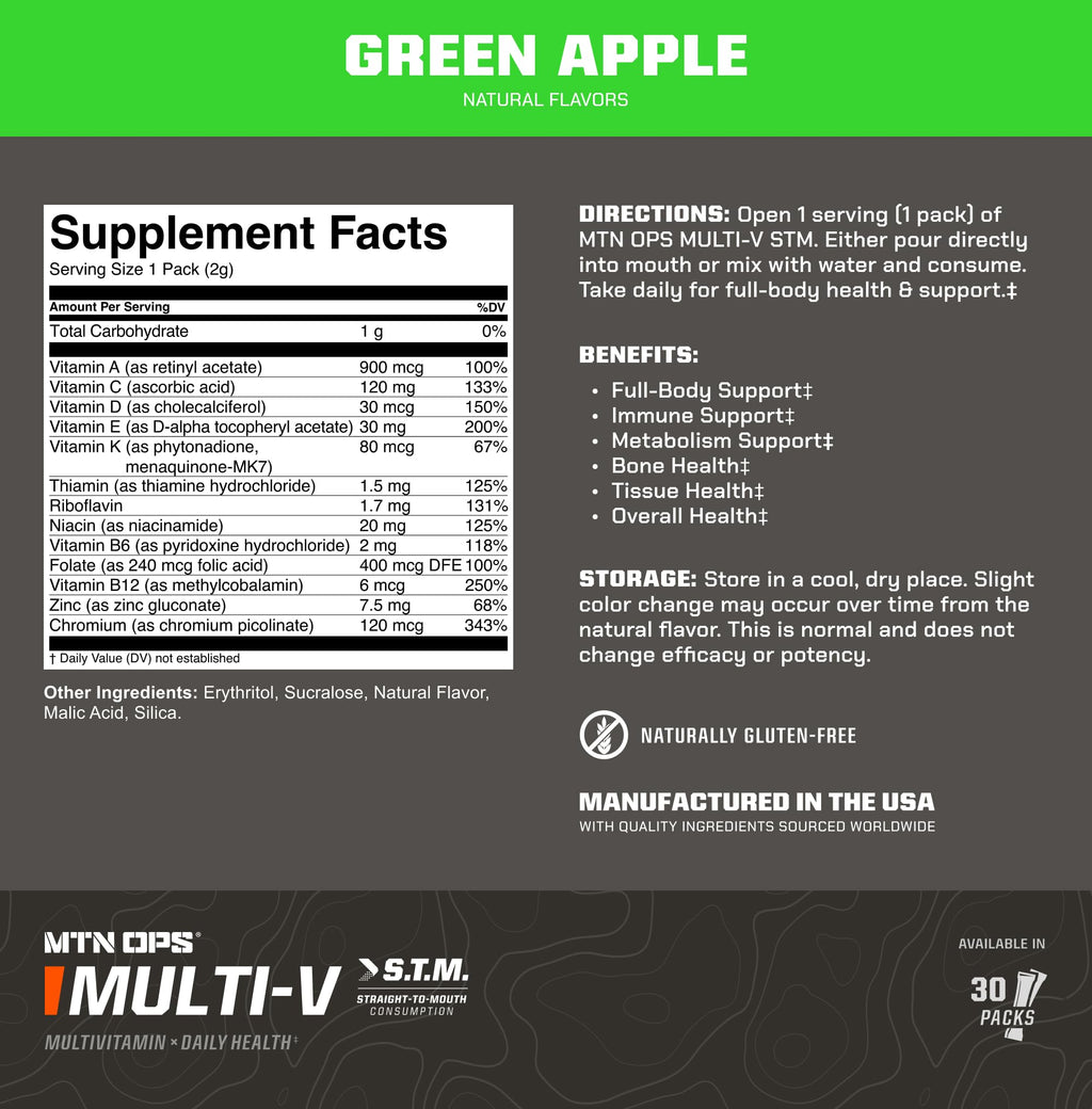 MTN OPS Multi‑V STM On‑the‑Go Daily Multivitamin for Men, Women & Kids – Straight‑to‑Mouth Vitamin C D3 B Zinc Packs – Gluten Free, Natural Flavors, 30 Servings - TrustMedUSA