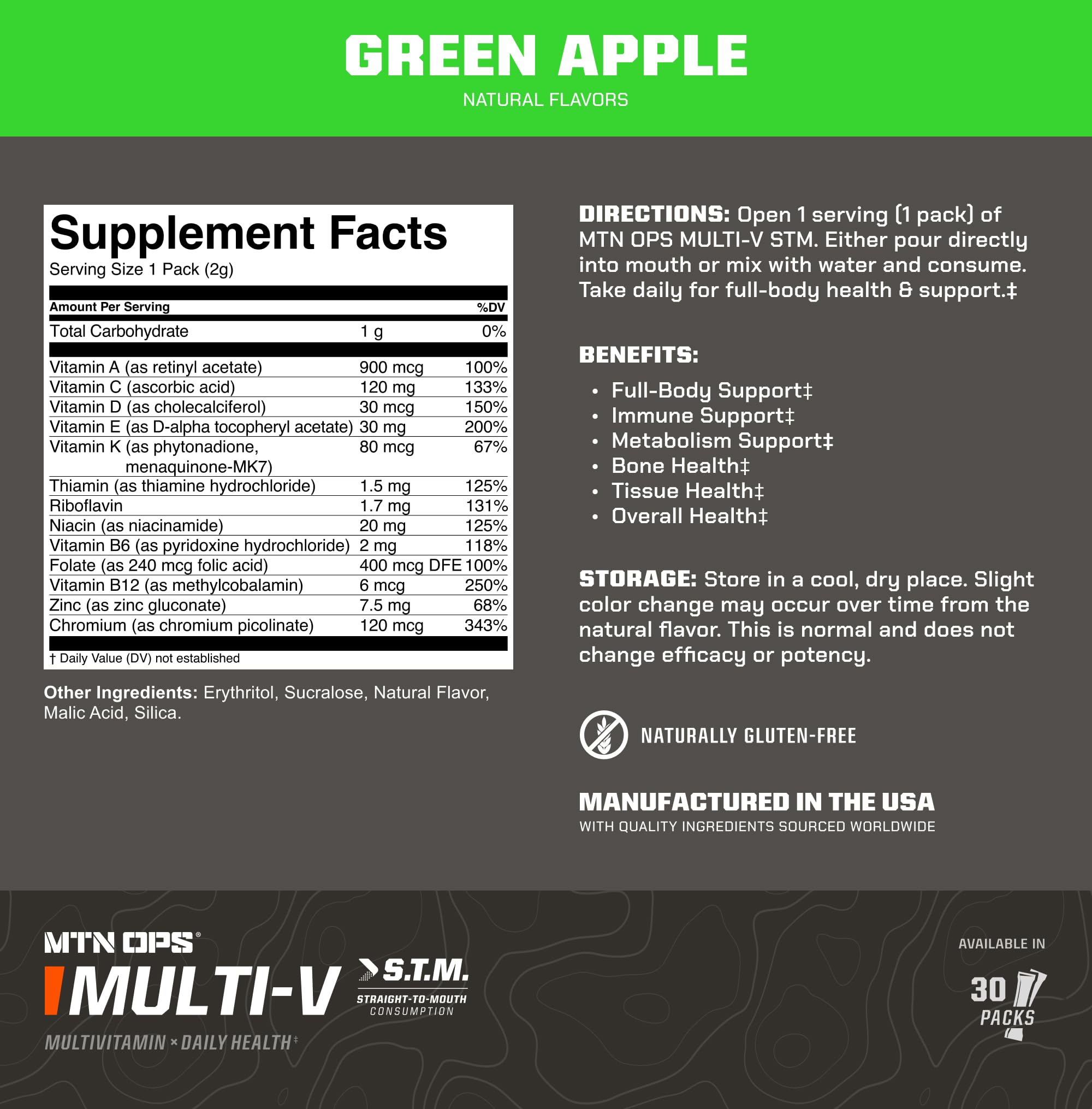 MTN OPS Multi‑V STM On‑the‑Go Daily Multivitamin for Men, Women & Kids – Straight‑to‑Mouth Vitamin C D3 B Zinc Packs – Gluten Free, Natural Flavors, 30 Servings - TrustMedUSA