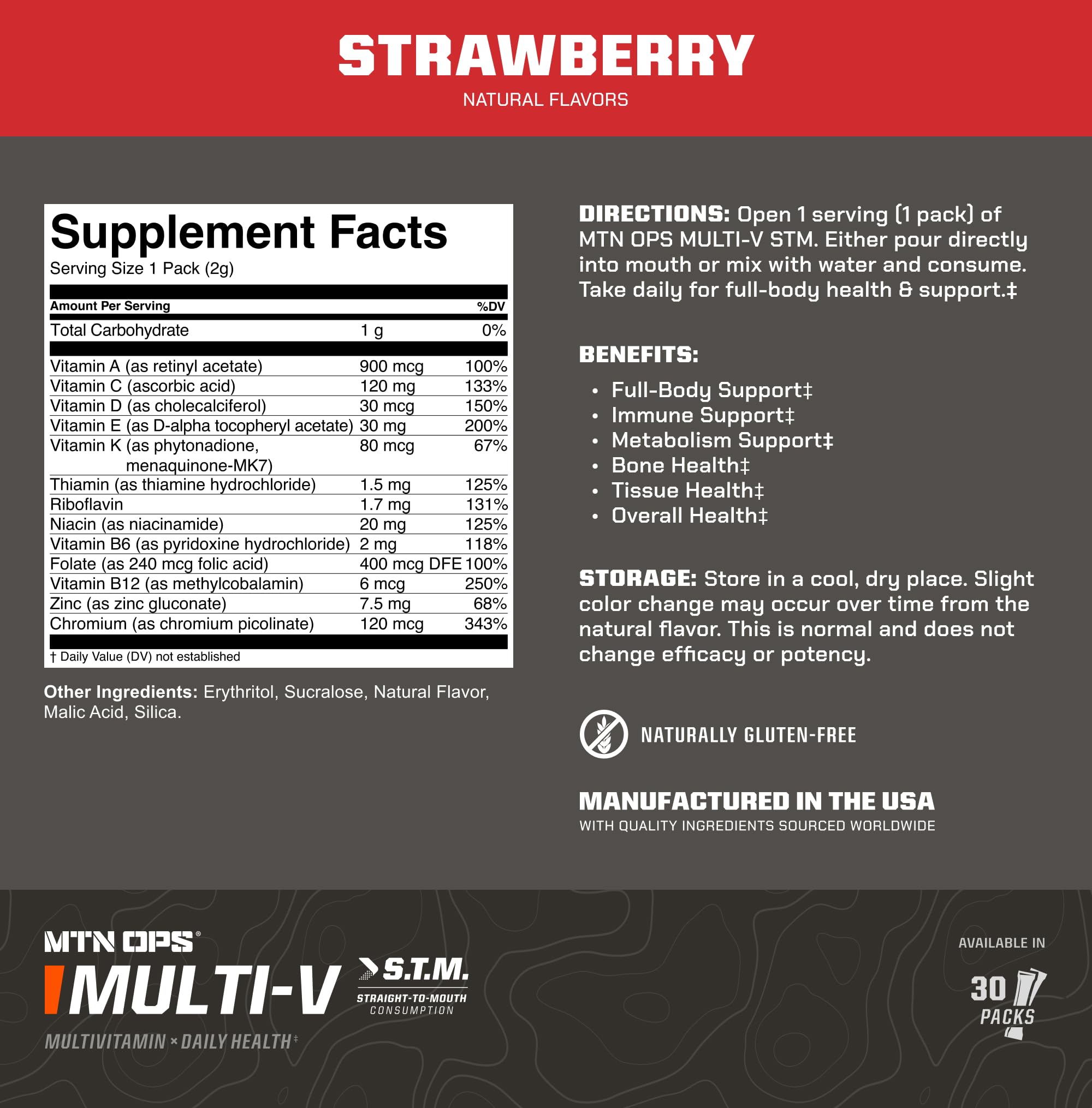 MTN OPS Multi‑V STM On‑the‑Go Daily Multivitamin for Men, Women & Kids – Straight‑to‑Mouth Vitamin C D3 B Zinc Packs – Gluten Free, Natural Flavors, 30 Servings - TrustMedUSA