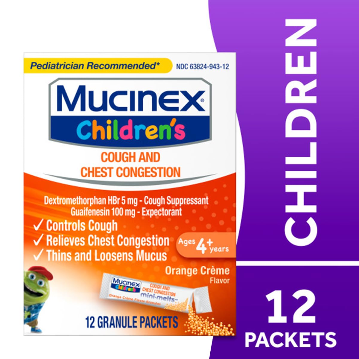 Mucinex Children's Chest Congestion Expectorant and Cough Suppressant Mini-Melts, Orange Cream, 12 Count - Maple Wellness Supplements