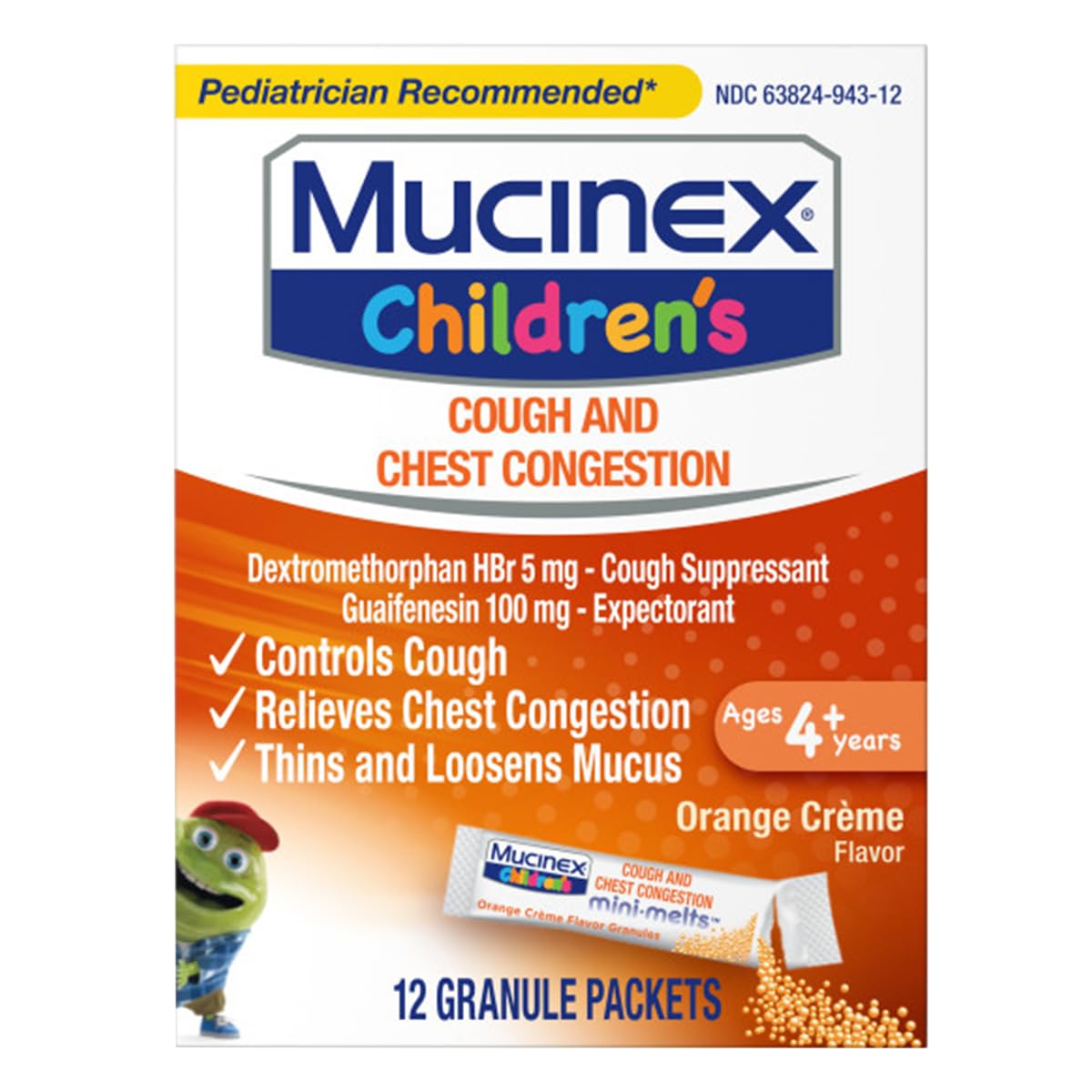 Mucinex Children's Chest Congestion Expectorant and Cough Suppressant Mini-Melts, Orange Cream, 12 Count - Maple Wellness Supplements