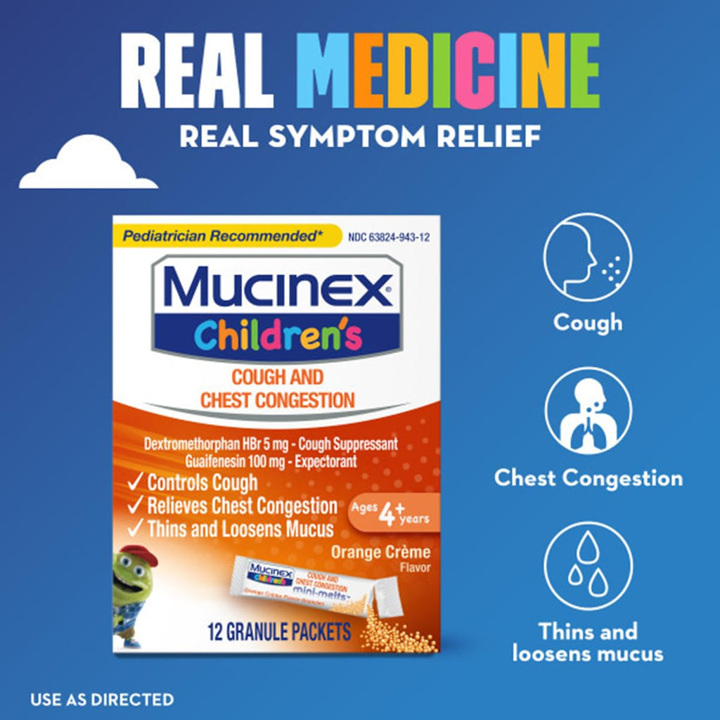 Mucinex Children's Chest Congestion Expectorant and Cough Suppressant Mini-Melts, Orange Cream, 12 Count - Maple Wellness Supplements