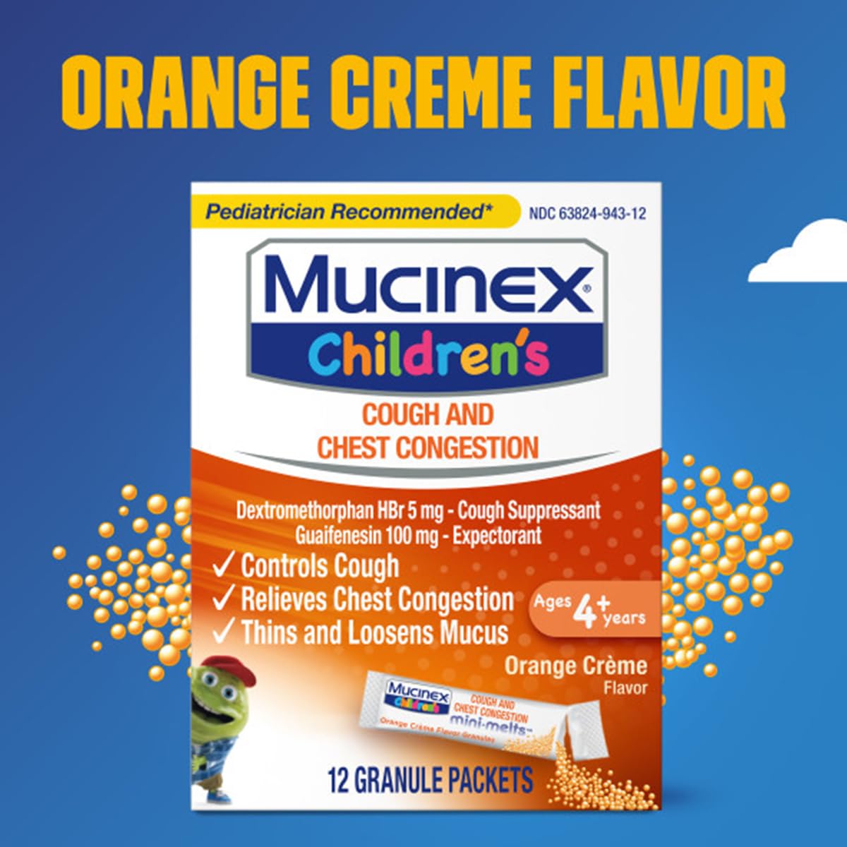 Mucinex Children's Chest Congestion Expectorant and Cough Suppressant Mini-Melts, Orange Cream, 12 Count - Maple Wellness Supplements
