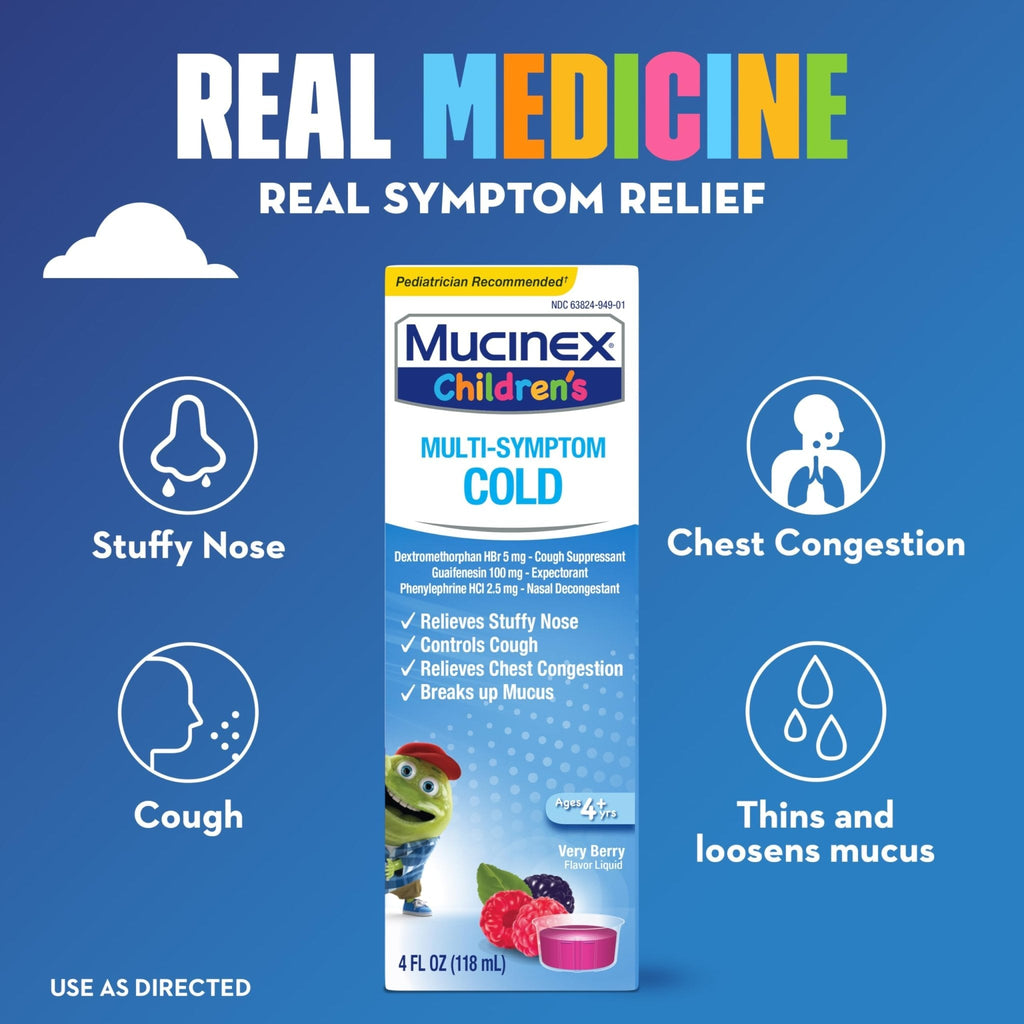 Mucinex Children's Multi-Symptom Cold Medicine, Kids Cough Medicine, Mucinex Kids Medicine/Decongestant with Dextromethorphan HBr, Guaifenesin, Phenylephrine HCl, Very Berry Flavor Liquid, 4 Fl Oz - Maple Wellness Supplements