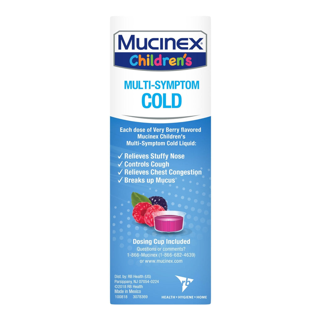 Mucinex Children's Multi-Symptom Cold Medicine, Kids Cough Medicine, Mucinex Kids Medicine/Decongestant with Dextromethorphan HBr, Guaifenesin, Phenylephrine HCl, Very Berry Flavor Liquid, 4 Fl Oz - Maple Wellness Supplements