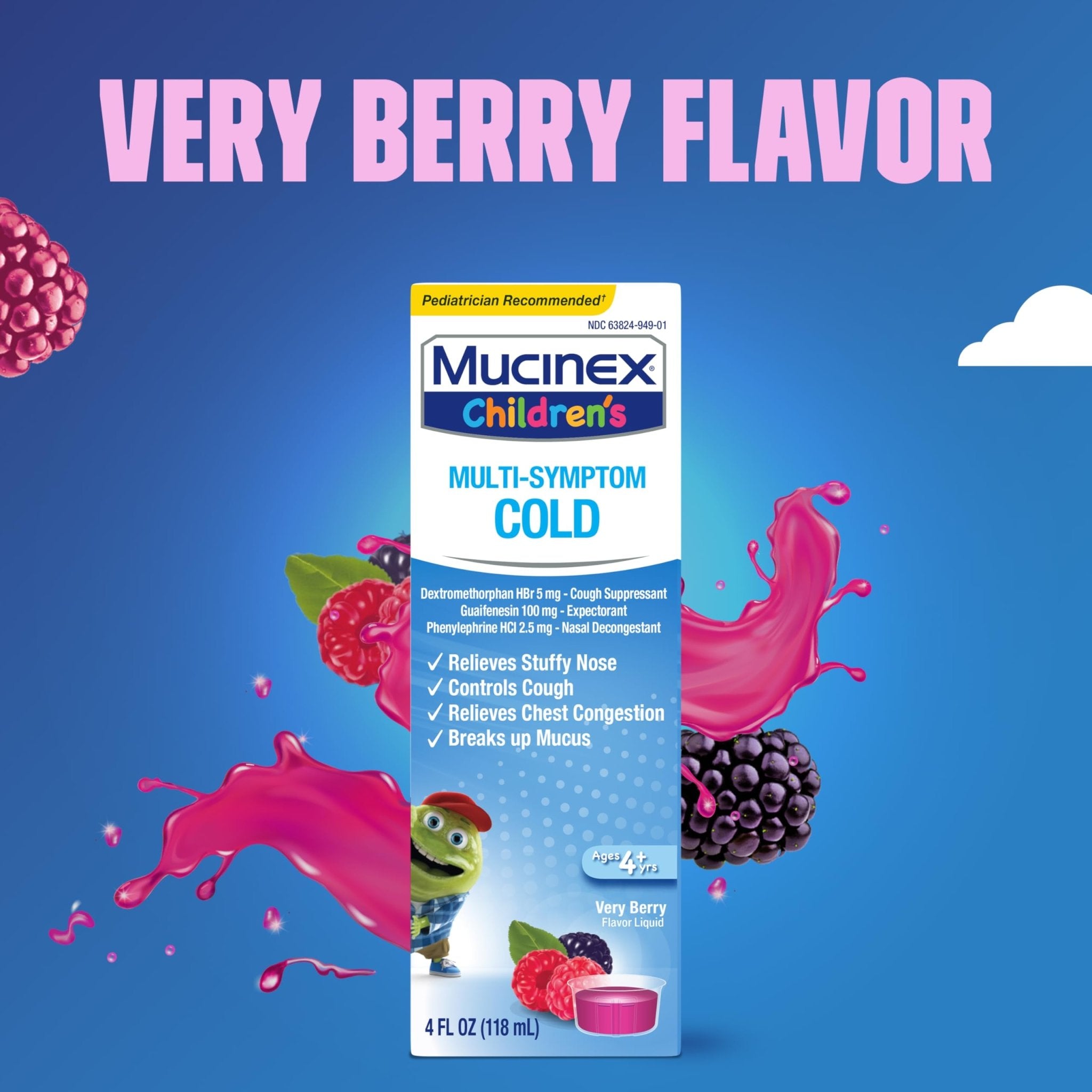 Mucinex Children's Multi-Symptom Cold Medicine, Kids Cough Medicine, Mucinex Kids Medicine/Decongestant with Dextromethorphan HBr, Guaifenesin, Phenylephrine HCl, Very Berry Flavor Liquid, 4 Fl Oz - Maple Wellness Supplements