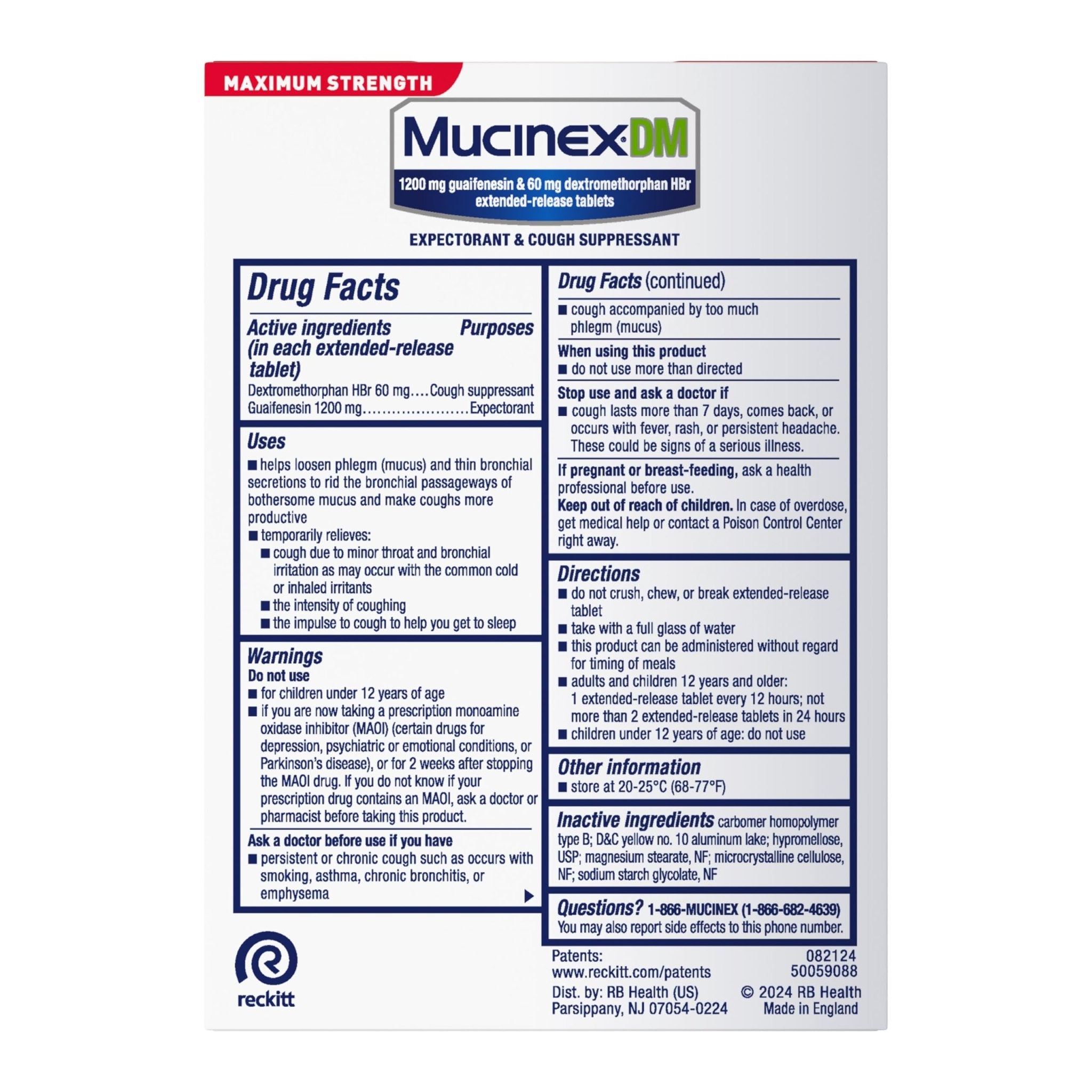 Mucinex DM 12Hr Maximum Strength Chest Congestion & Cough Medicine for Adults, Cold and Cough Medicine for Excess Mucus Relief, 1200 mg Guaifenesin & 60 mg Dextromethorphan HBr, 48 Bi-Layer Tablets - Maple Wellness Supplements