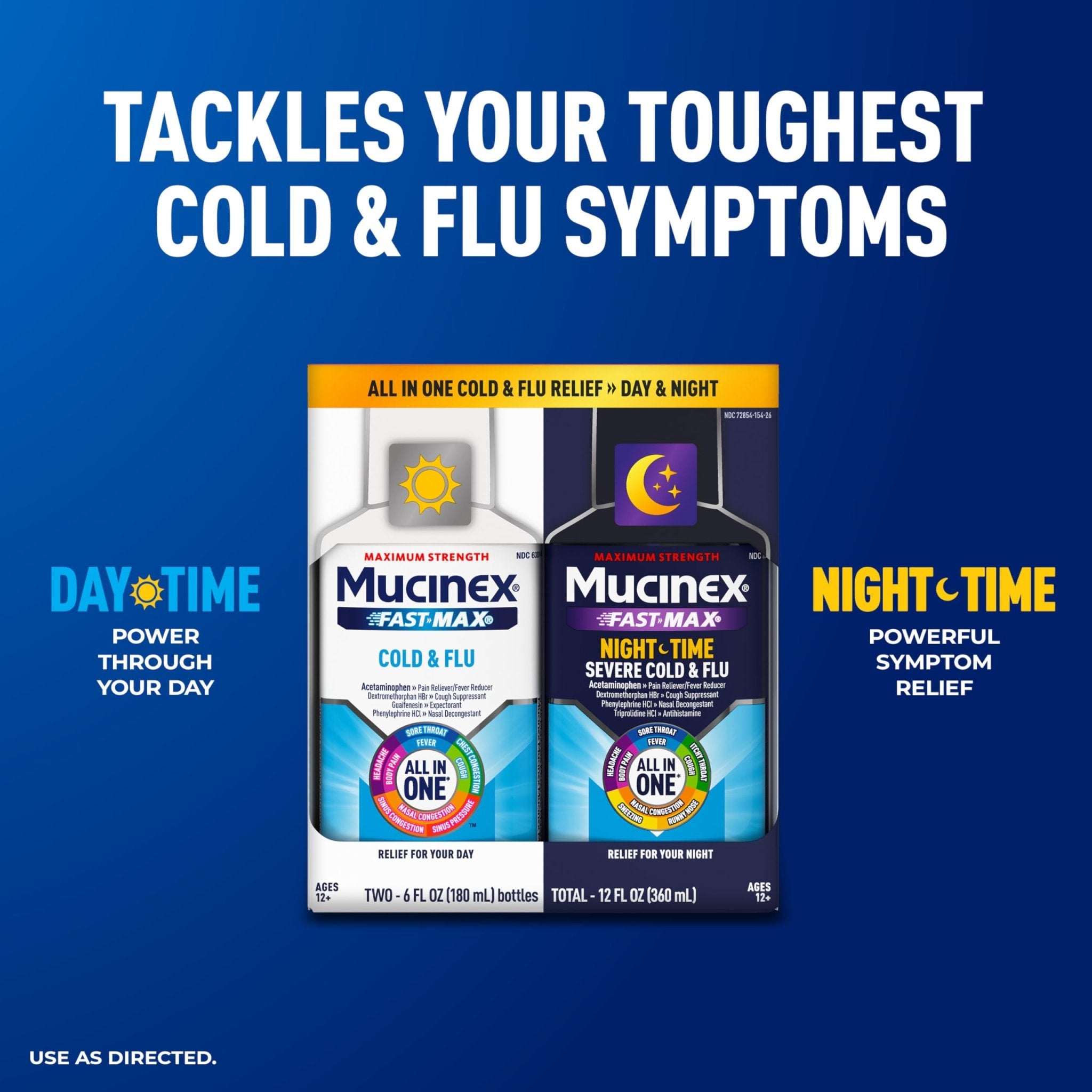 Mucinex Fast-Max Cold and Flu & Nightshift Medicine for Adults, Over-The-Counter Medication Combo Pack for Sore Throat Relief, Decongestant, Cough & Cold Medicine (2 x 6 Fl Oz) - Maple Wellness Supplements