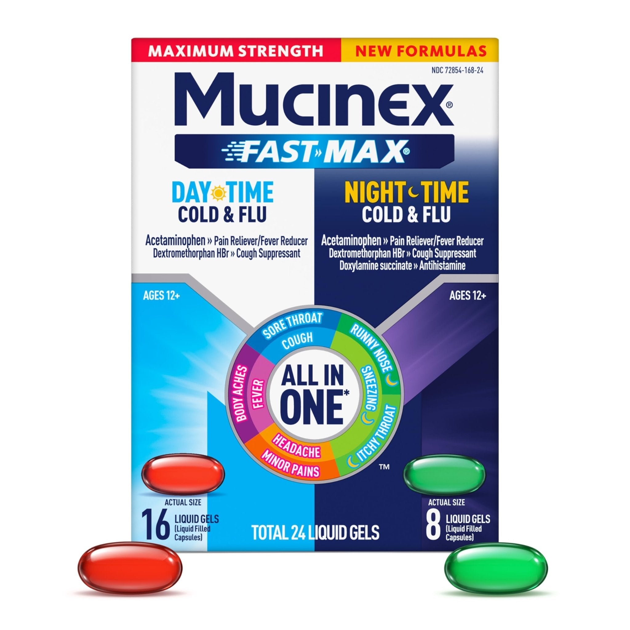 Mucinex Fast-Max Maximum Strength Day & Night Cold and Flu Medicine for Adults, Powerful Over-The-Counter Medication for Cold & Flu Symptoms, Fast Dissolving Liquid Gels, 24 Count - Maple Wellness Supplements