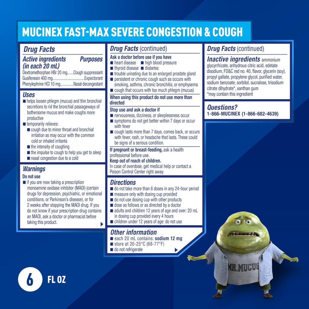 Mucinex Fast-Max Severe Congestion & Cough Medicine, Maximum Strength Symptom Relief, Over-The-Counter Medication, Cold Medicine, Cough Suppressant, Expectorant, Nasal Decongestant, 6 FL OZ - Maple Wellness Supplements