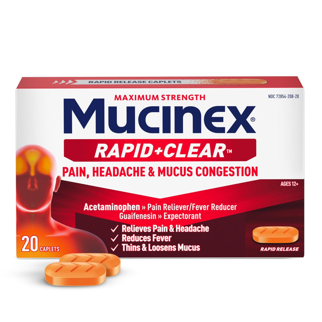 Mucinex Rapid Clear Maximum Strength Cold Medicine & Expectorant, Fever, Pain, Headache, & Excess Mucus Relief with Acetaminophen & Guaifenesin, Rapid Release Caplets for Adults, 20 Count - Maple Wellness Supplements