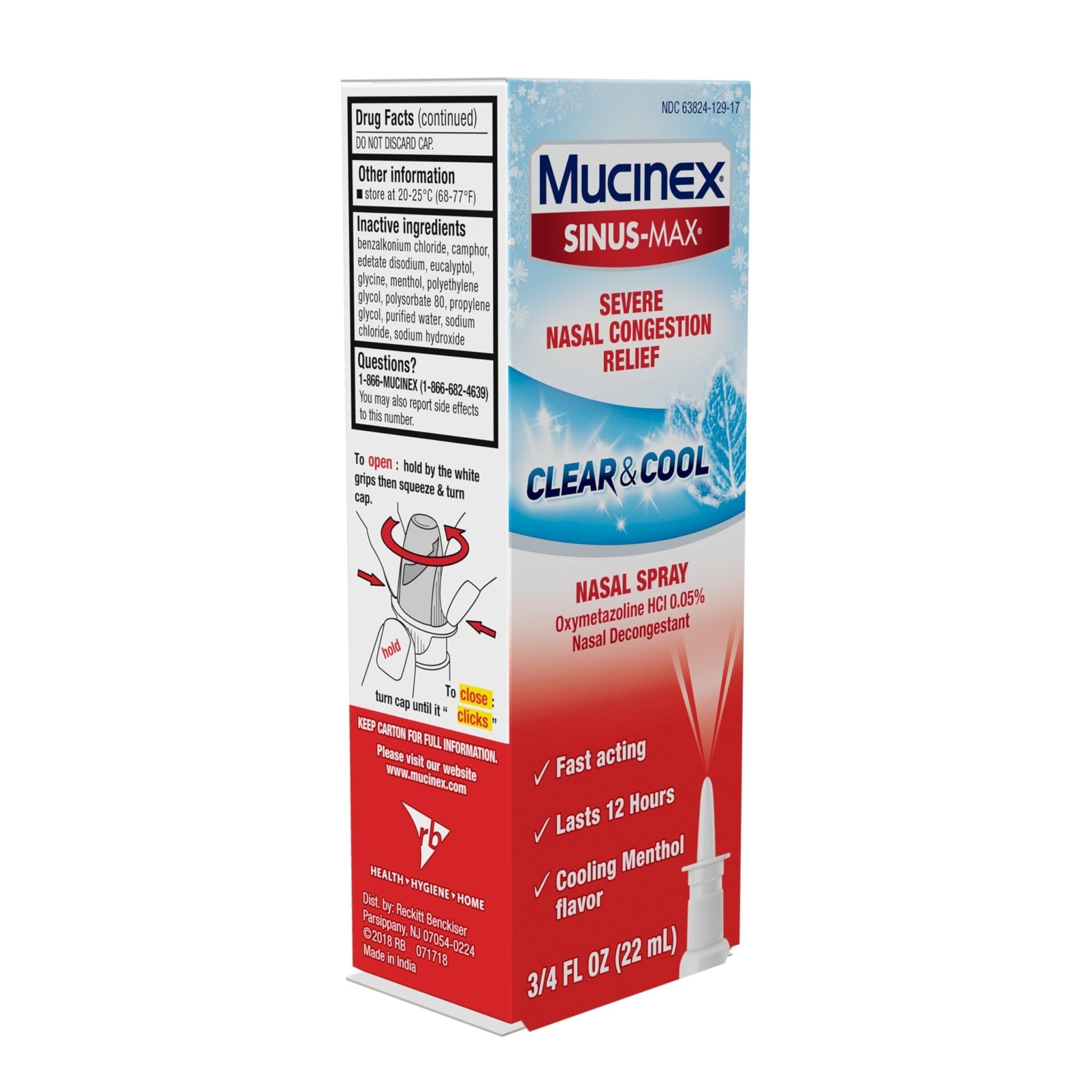 Mucinex Sinus-Max Nasal Spray Decongestant, 12 Hour Over-The-Counter Medication Nose Spray for Sinus Relief, Nasal Decongestants for Adults & Sinus Congestion, Clear & Cool 3/4 Fl Oz(22ML) - Maple Wellness Supplements