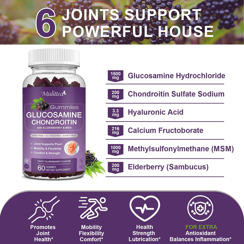 Mulittea Glucosamine Chondroitin Gummies - Extra Strength Joint Support Supplement with MSM & Elderberry for Natural Joint, Antioxidant Immune Support for Adults, Men & Women-(2 Pack) - TrustMedUSA