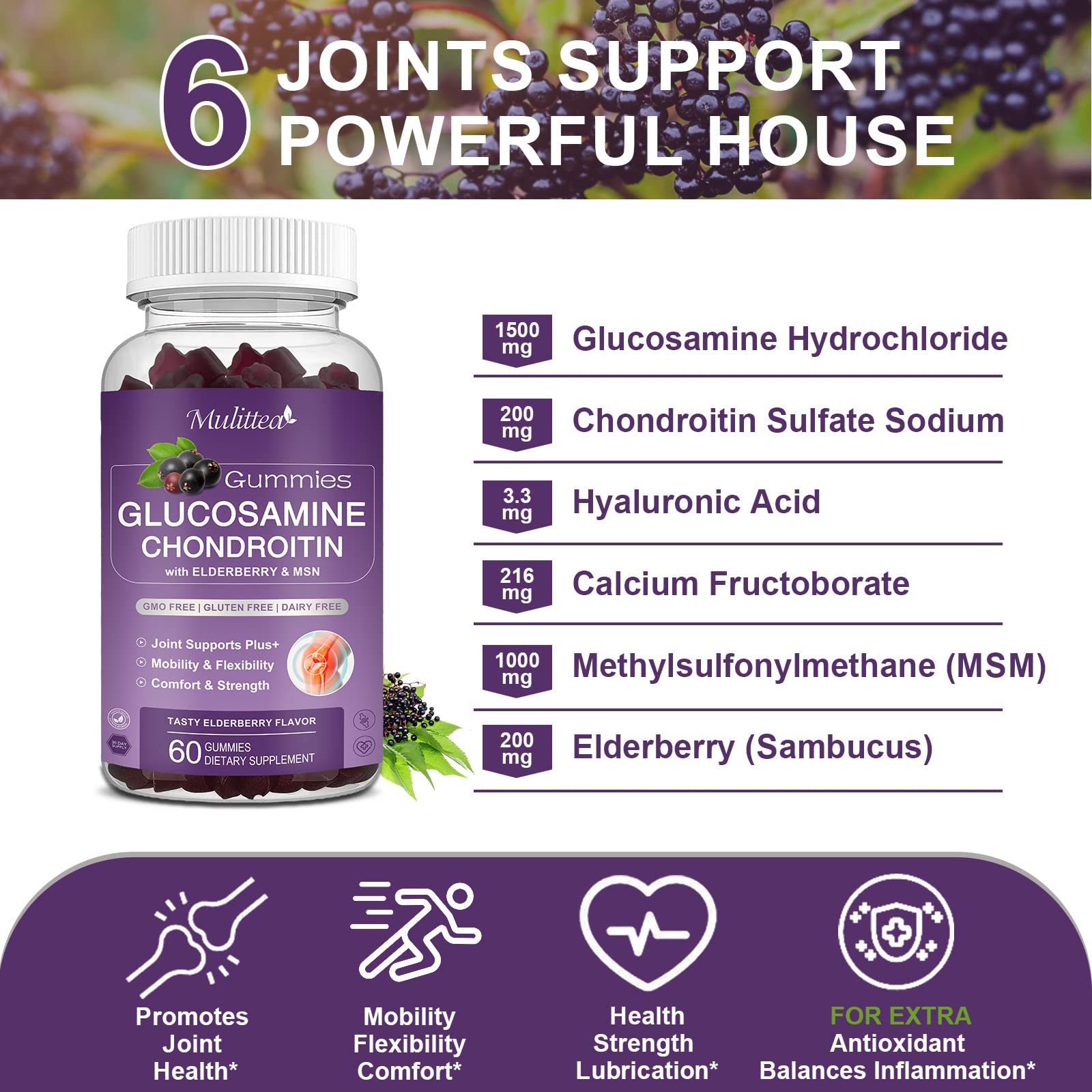 Mulittea Glucosamine Chondroitin Gummies - Extra Strength Joint Support Supplement with MSM & Elderberry for Natural Joint, Antioxidant Immune Support for Adults, Men & Women-(2 Pack) - TrustMedUSA