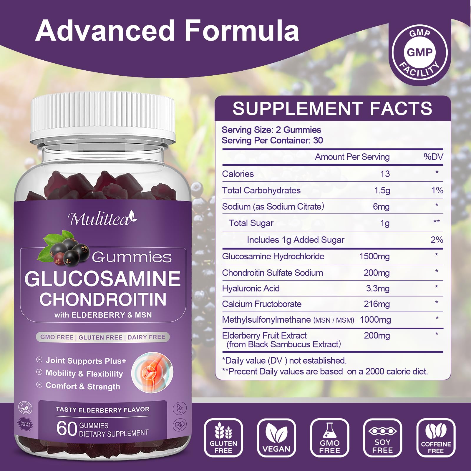 Mulittea Glucosamine Chondroitin Gummies - Extra Strength Joint Support Supplement with MSM & Elderberry for Natural Joint, Antioxidant Immune Support for Adults, Men & Women-(2 Pack) - TrustMedUSA