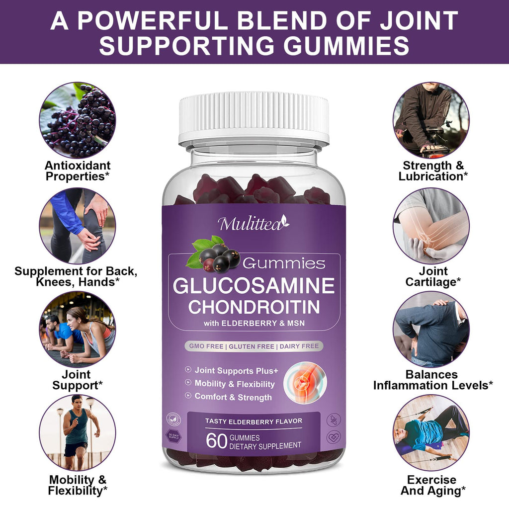 Mulittea Glucosamine Chondroitin Gummies - Extra Strength Joint Support Supplement with MSM & Elderberry for Natural Joint, Antioxidant Immune Support for Adults, Men & Women-(2 Pack) - TrustMedUSA