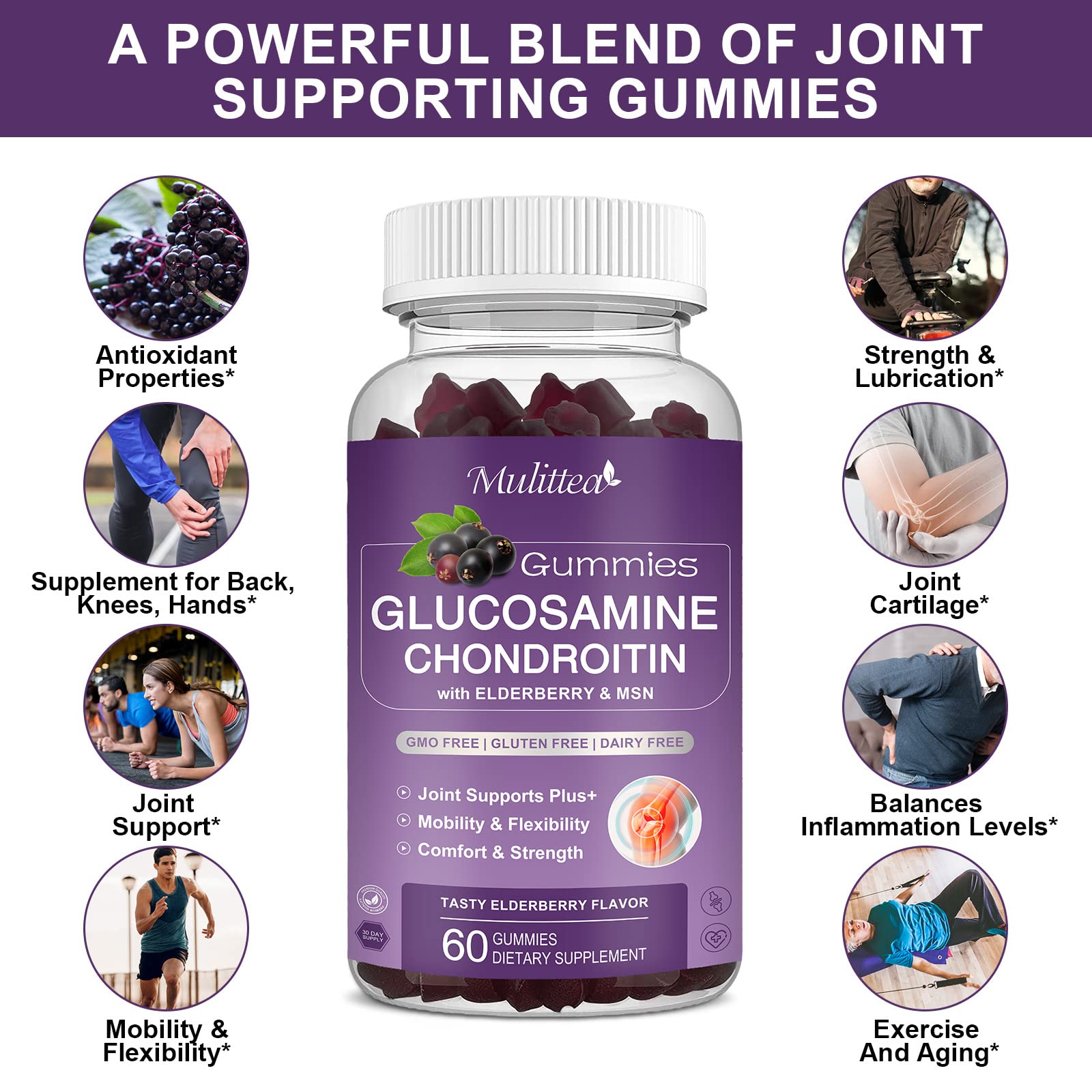 Mulittea Glucosamine Chondroitin Gummies - Extra Strength Joint Support Supplement with MSM & Elderberry for Natural Joint, Antioxidant Immune Support for Adults, Men & Women-(2 Pack) - TrustMedUSA