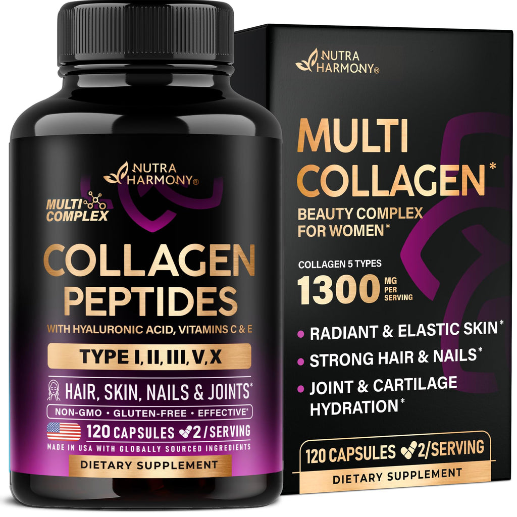 Multi Collagen Peptides - Hydrolyzed Types I, II, III, V & X - Collagen Supplement for Women 1300mg - w/ Hyaluronic Acid, Vitamins C & E - Skin, Hair, Nails & Joint Support - Made in USA, 120 Capsules - Maple Wellness Supplements